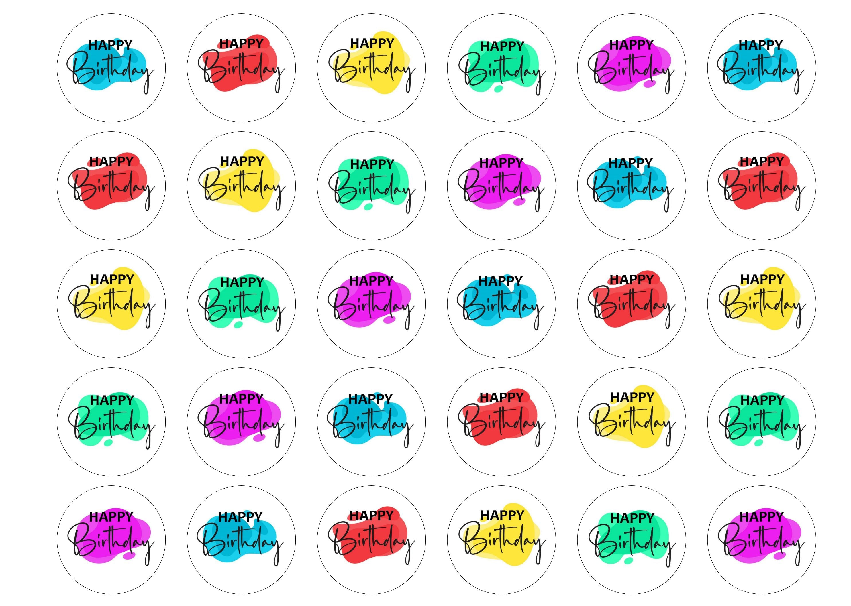 30 edible cupcake toppers with a colourful happy birthday message