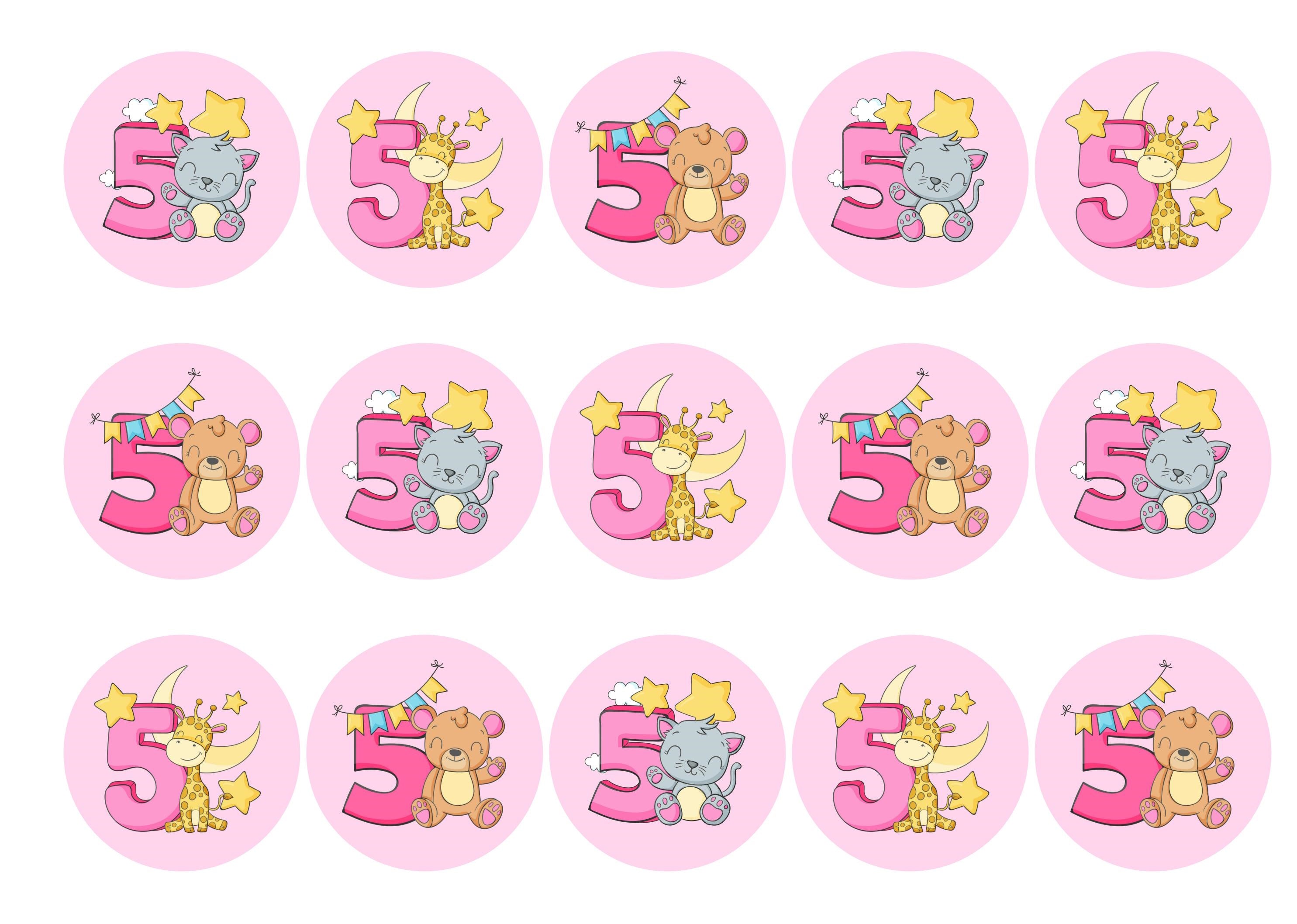 15 printed cupcake toppers for a 5th birthday with a cute animal theme