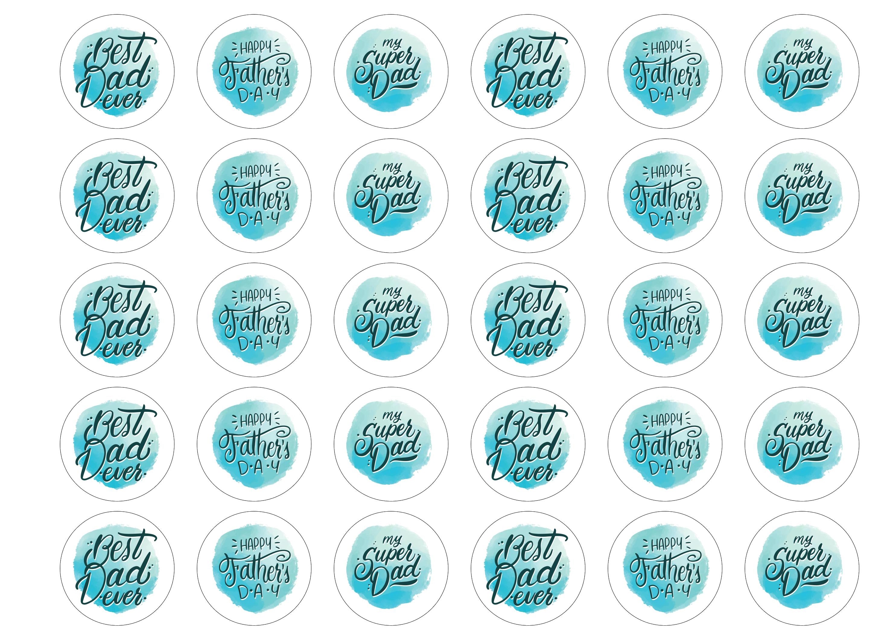 30 printed cupcake toppers in a blue design for Father's Day