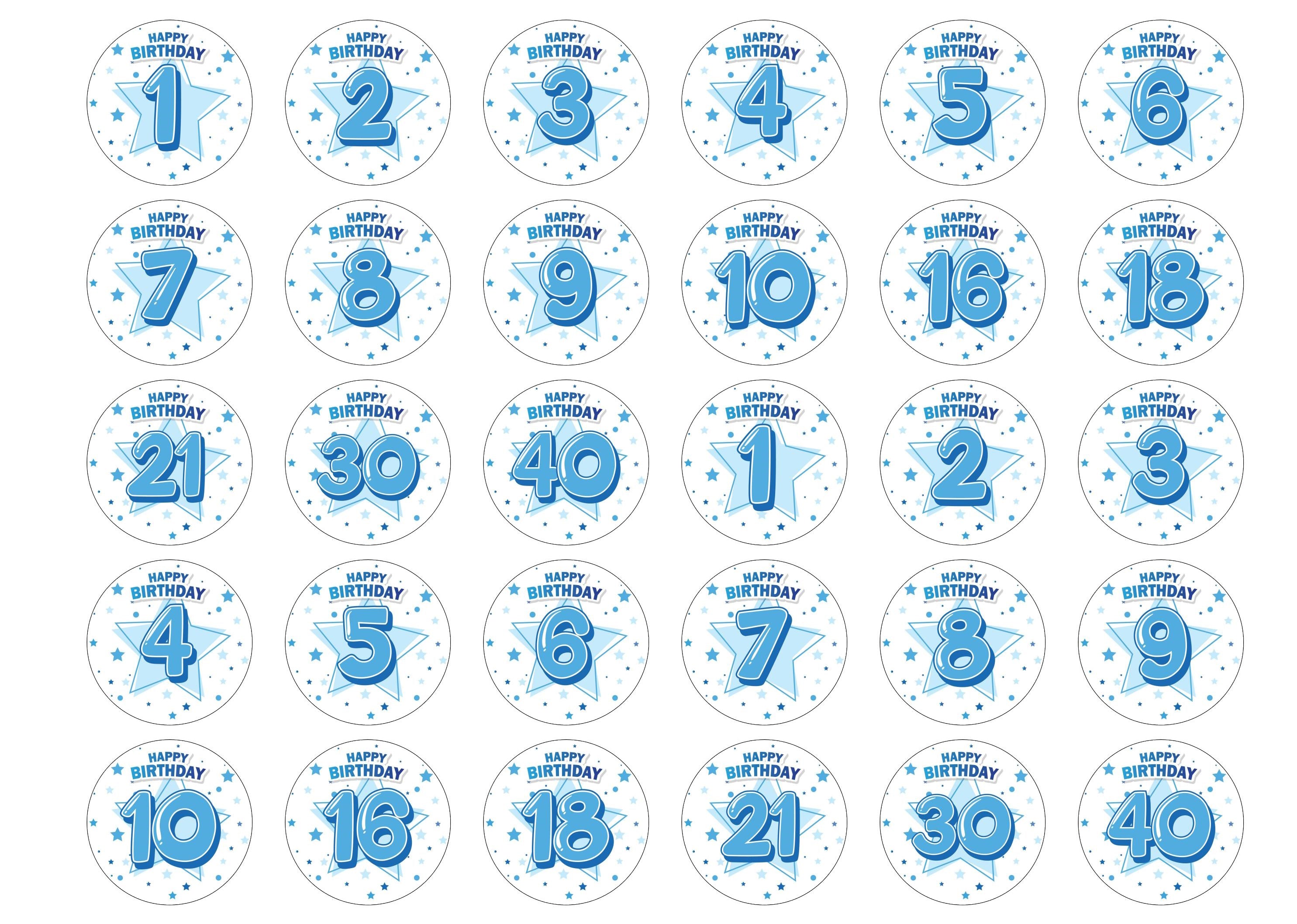 30 blue happy birthday edible toppers customised with a number or age