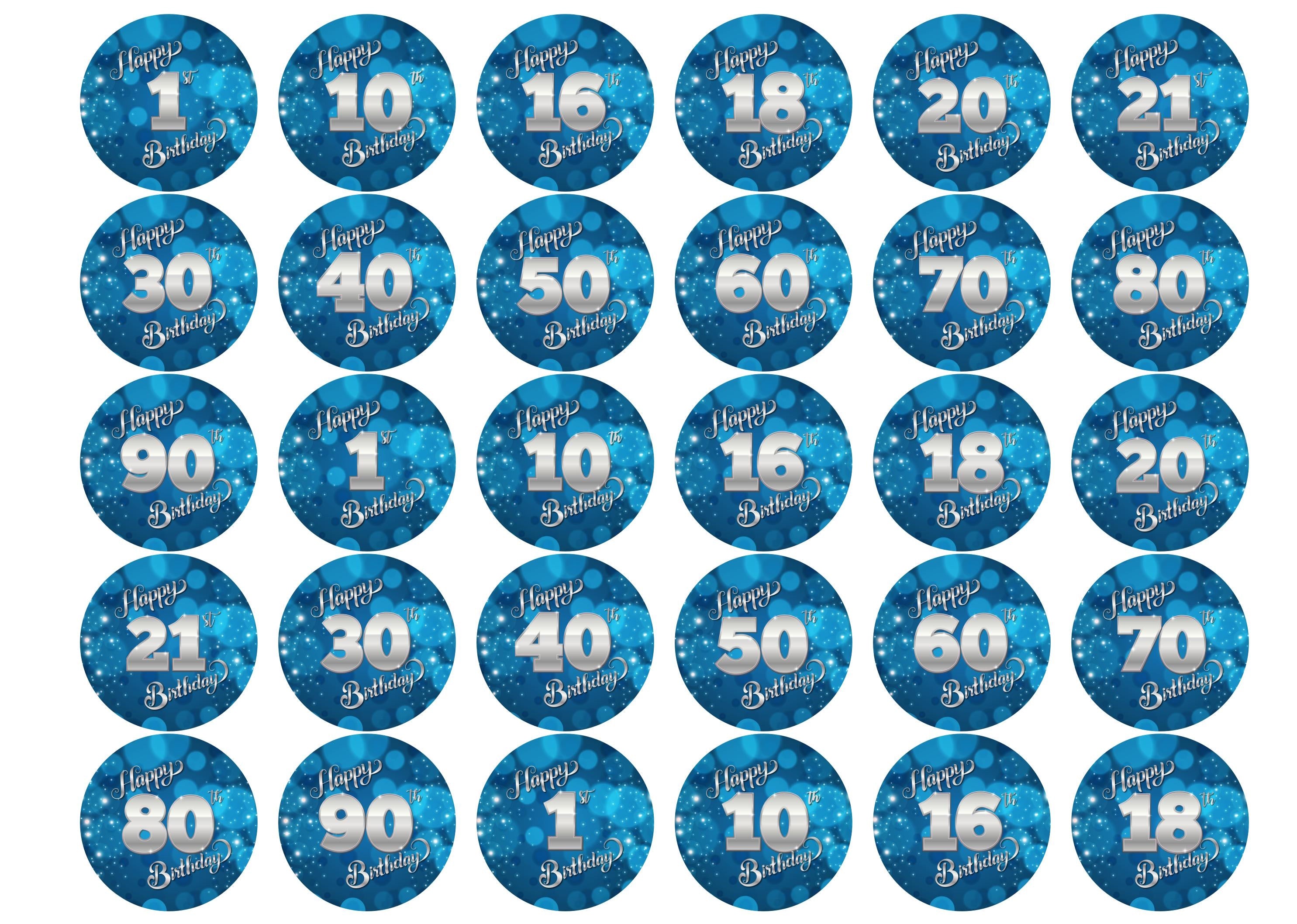 Blue happy birthday toppers with different ages