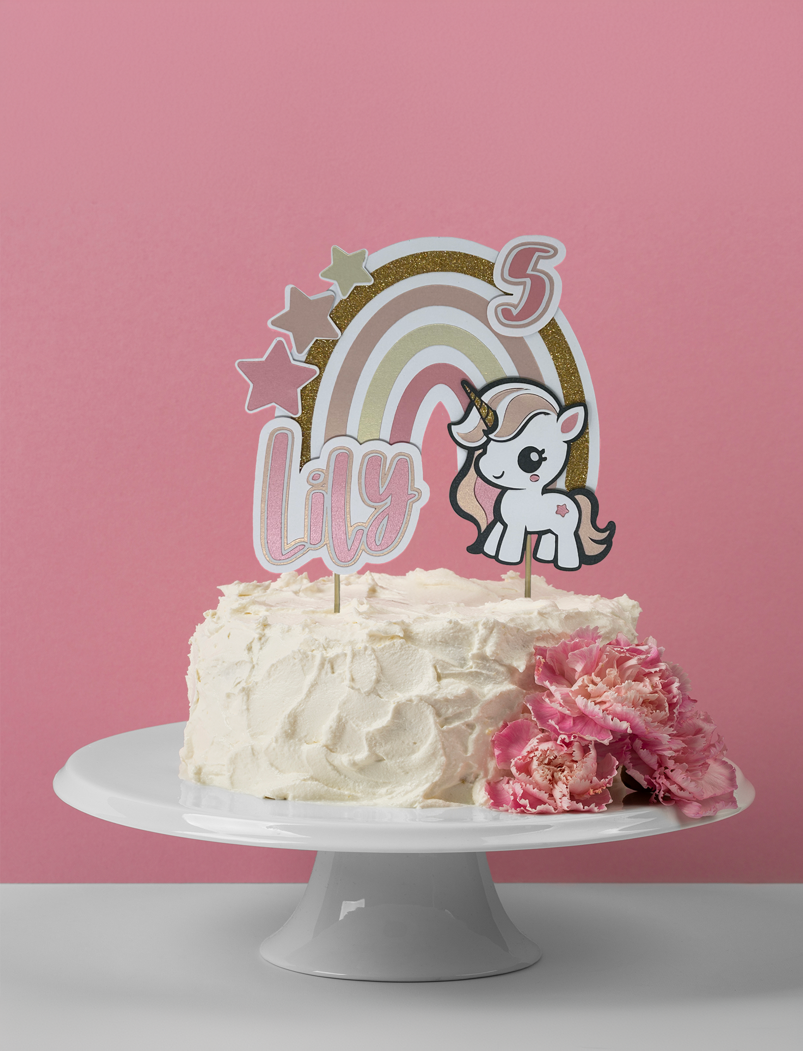 Pink Boho style Rainbow Unicorn personalised birthday cake topper