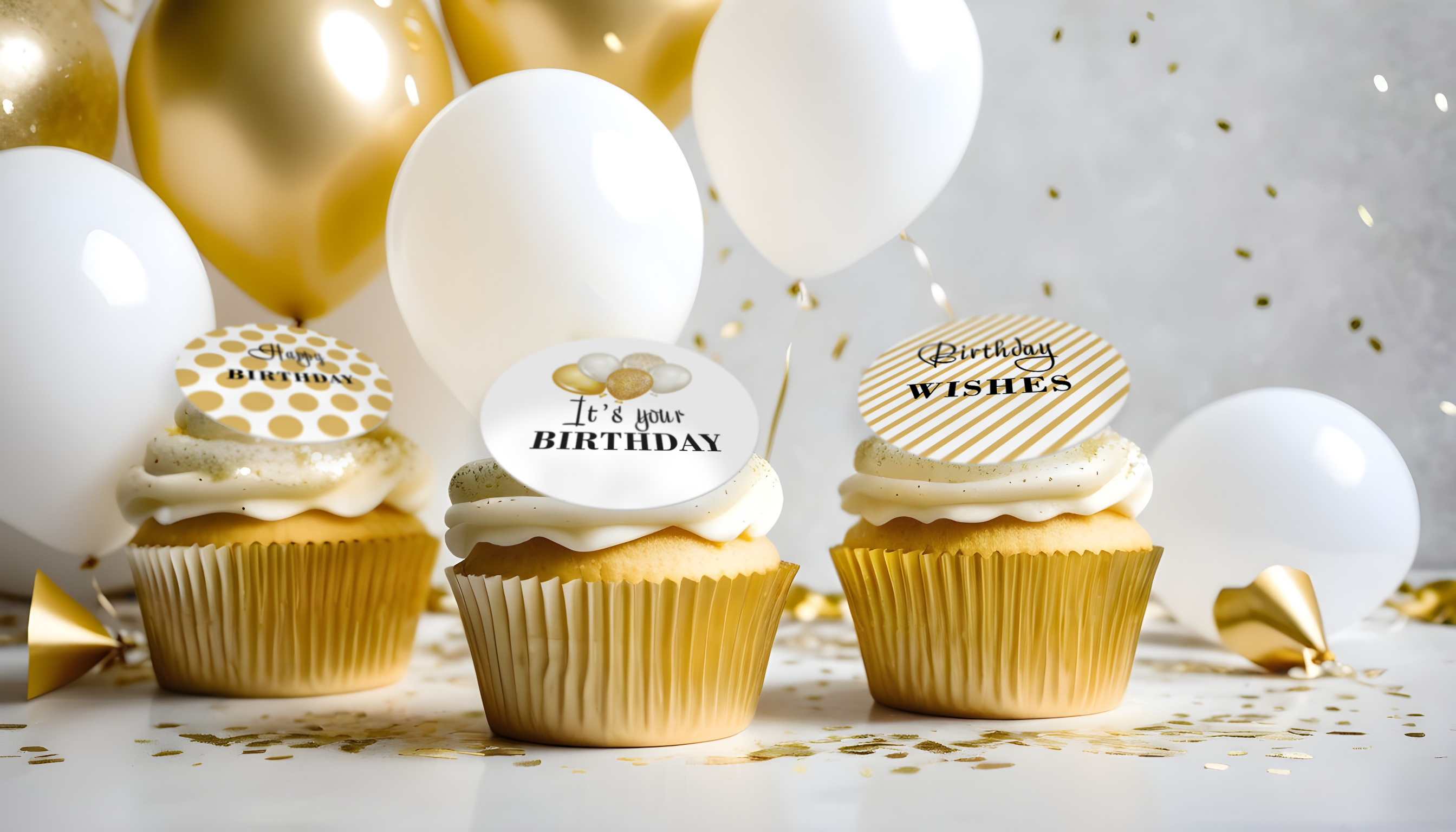Gold birthday cupcakes with a gold theme happy birthday message