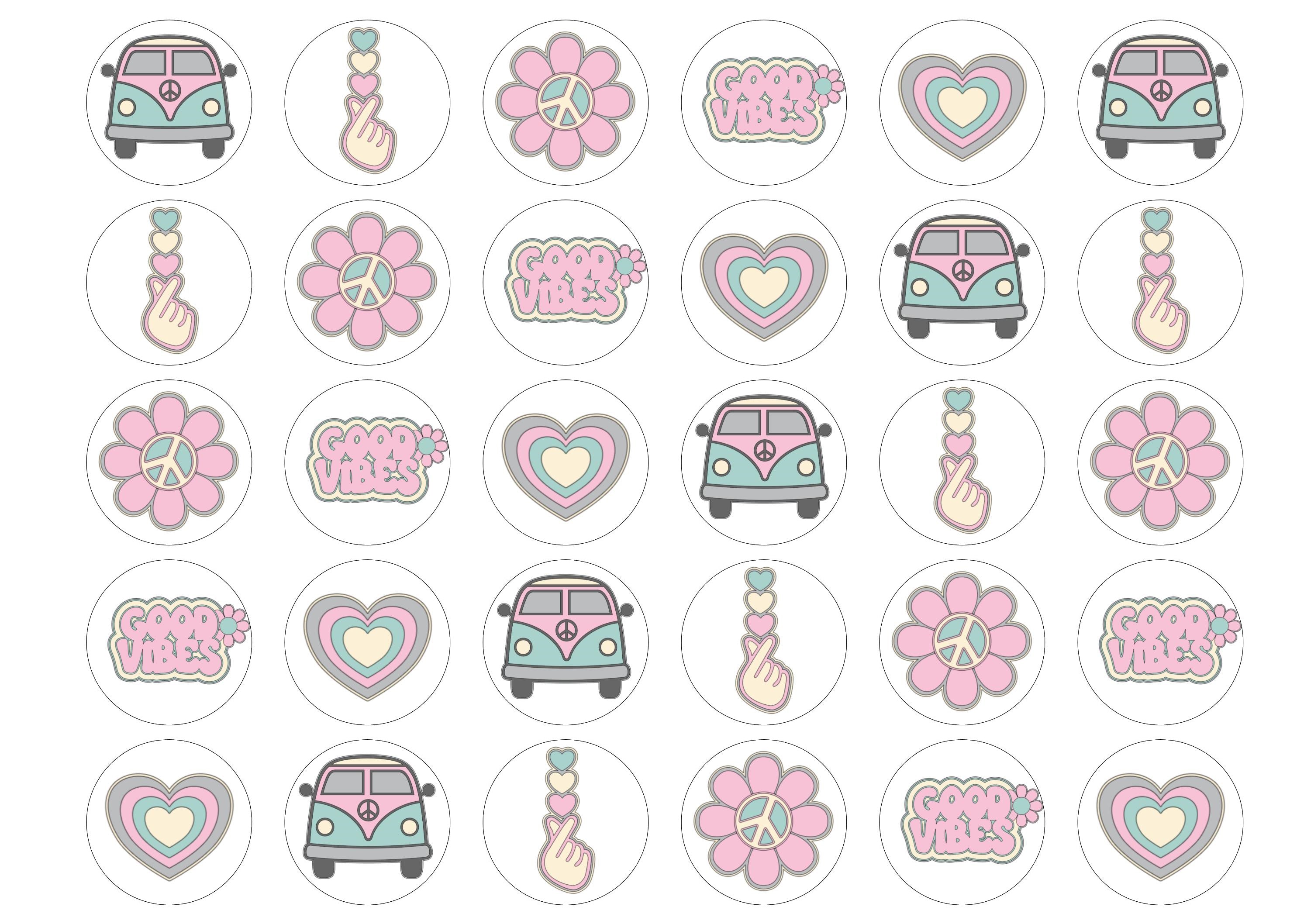 30 pink and green retro themed cupcake toppers