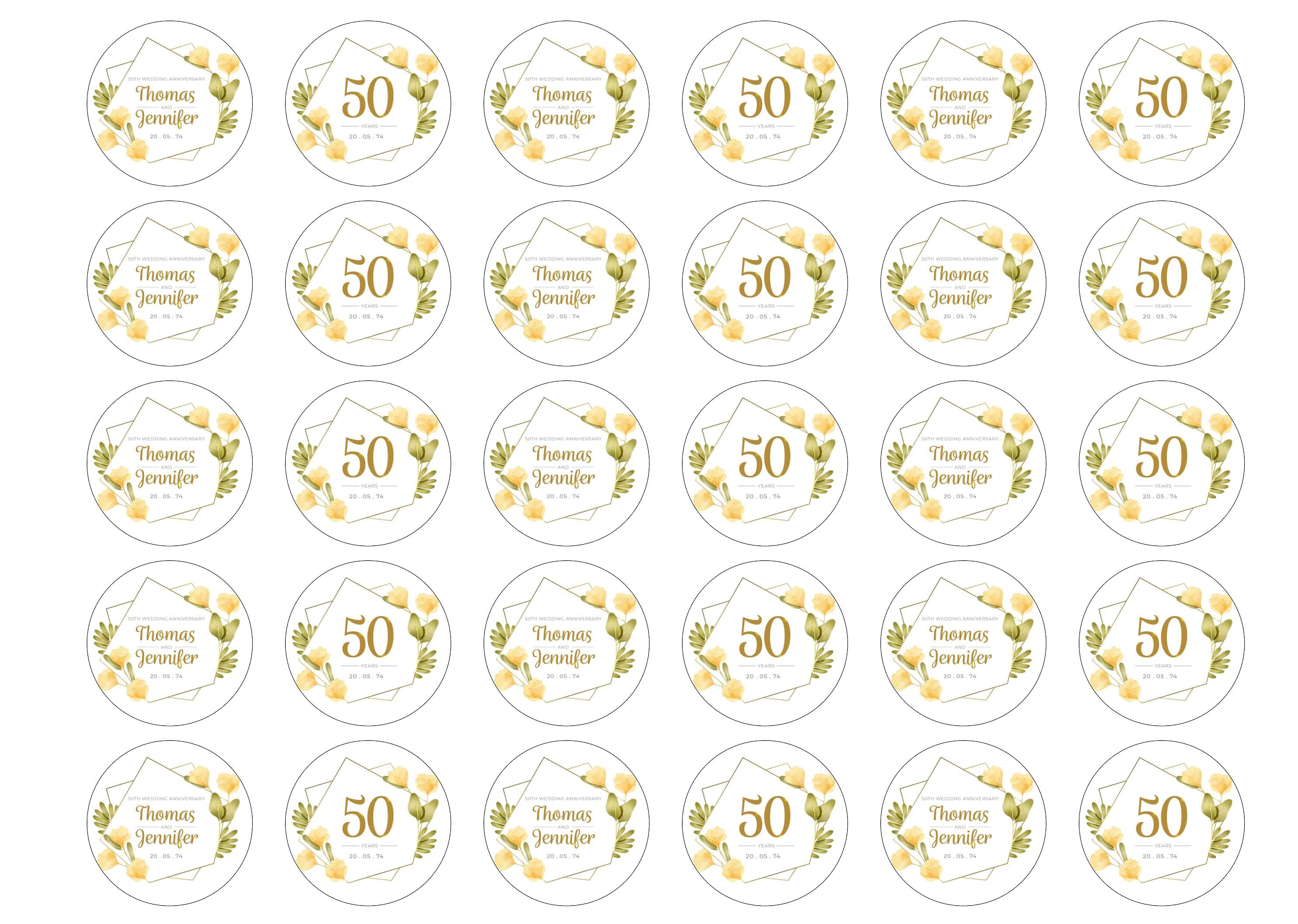 15 peronalised cupcake toppers with a floral border to celebrate a 50th wedding anniversary