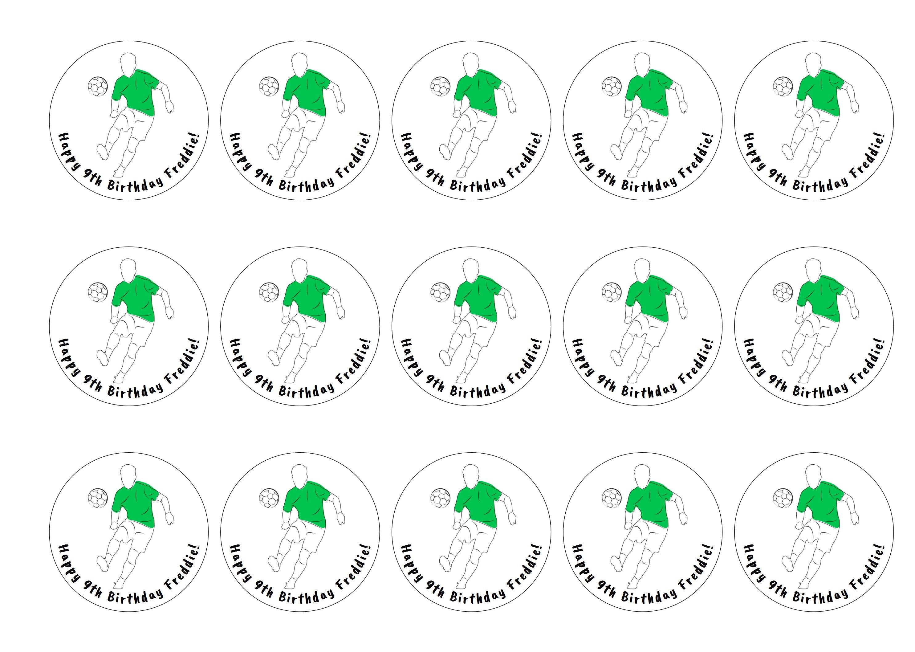 15 printed cupcake toppers with a blue football design with personalised birthday message