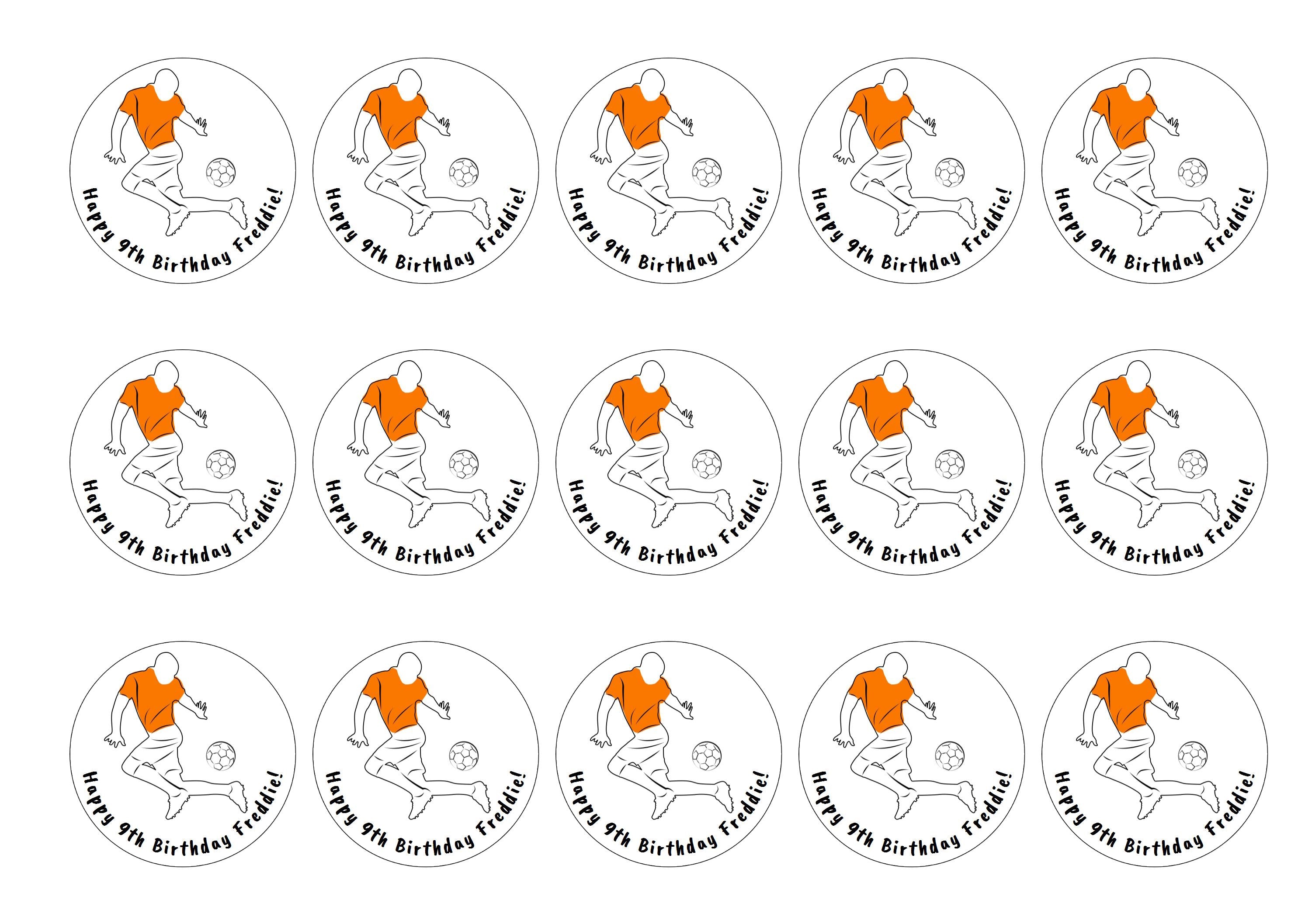 15 printed cupcake toppers with a orange football design with personalised birthday message