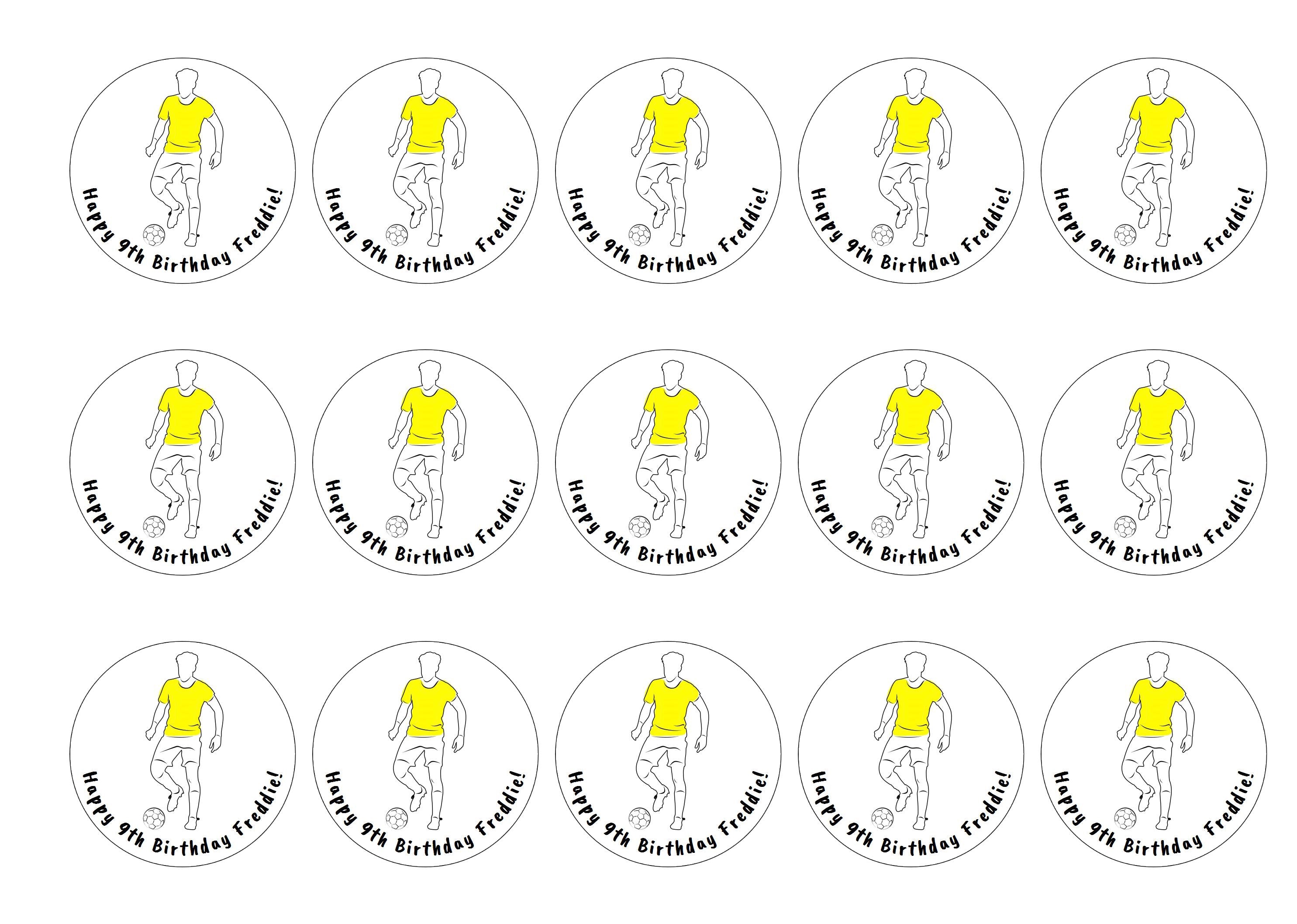 Personalised birthday message cupcake toppers with a yellow football player design