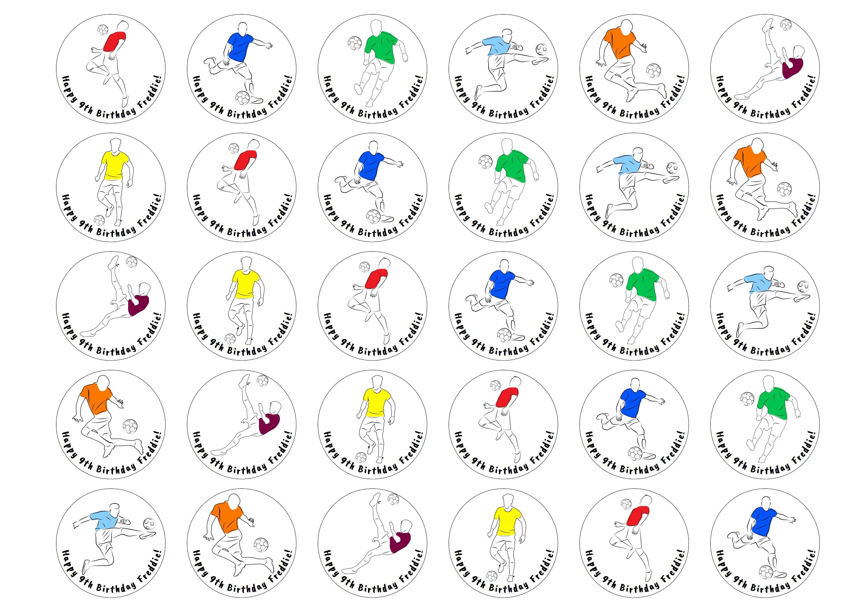30 edible cupcake toppers with a range of football player designs in different colours with a personalise birthday message