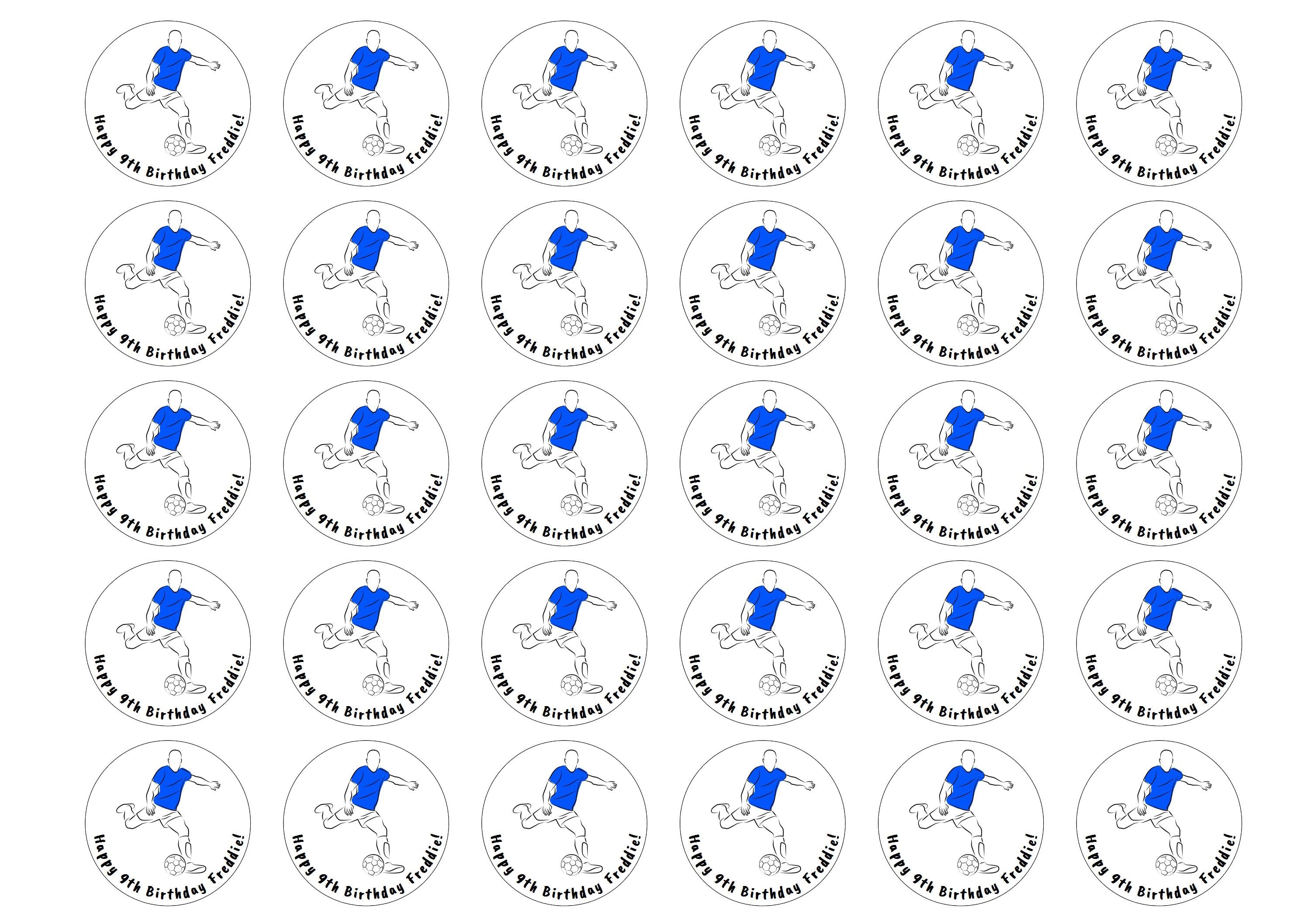 30 blue football toppers with personalised birthday message