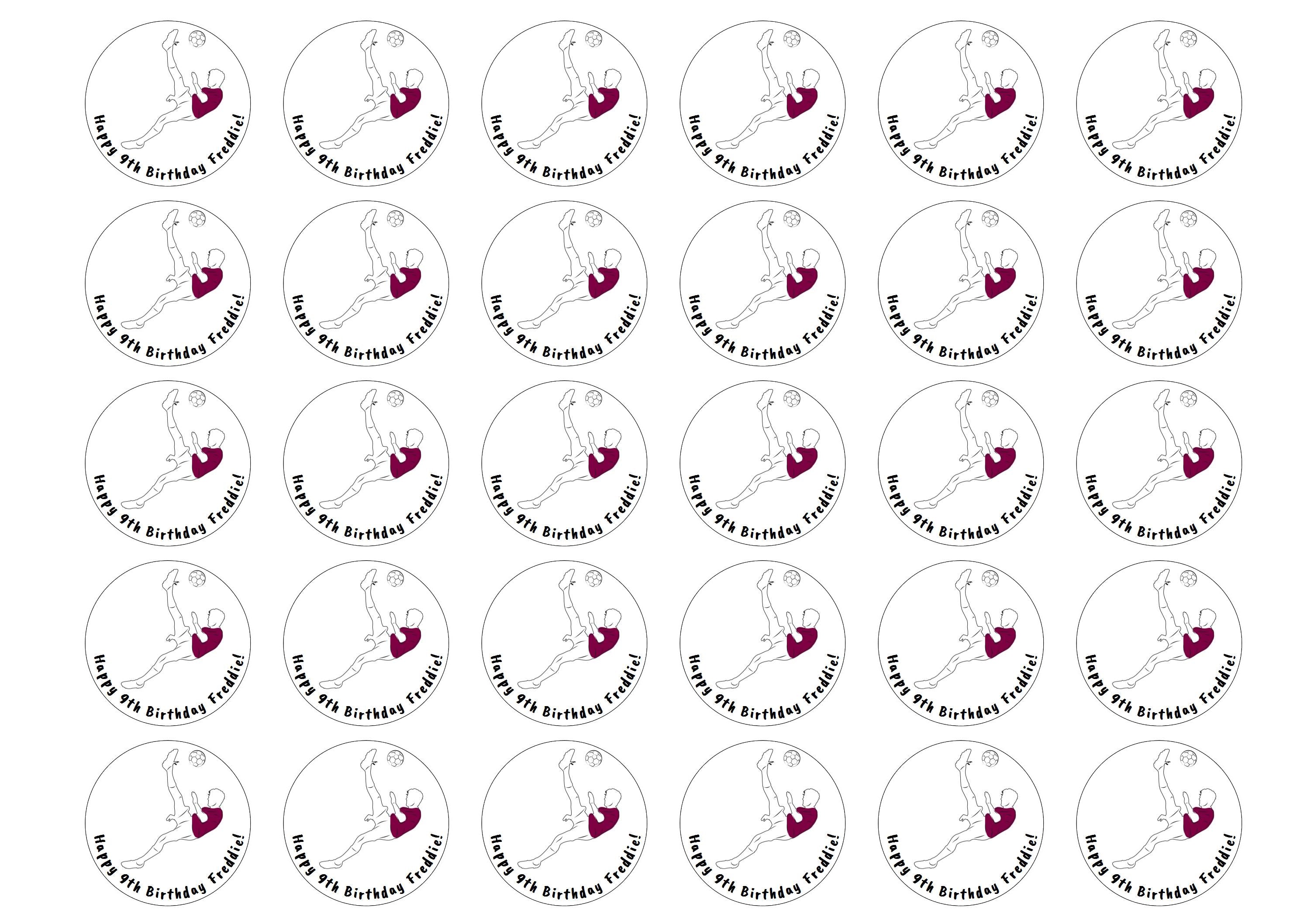 30 personalised toppers with a purple football player design