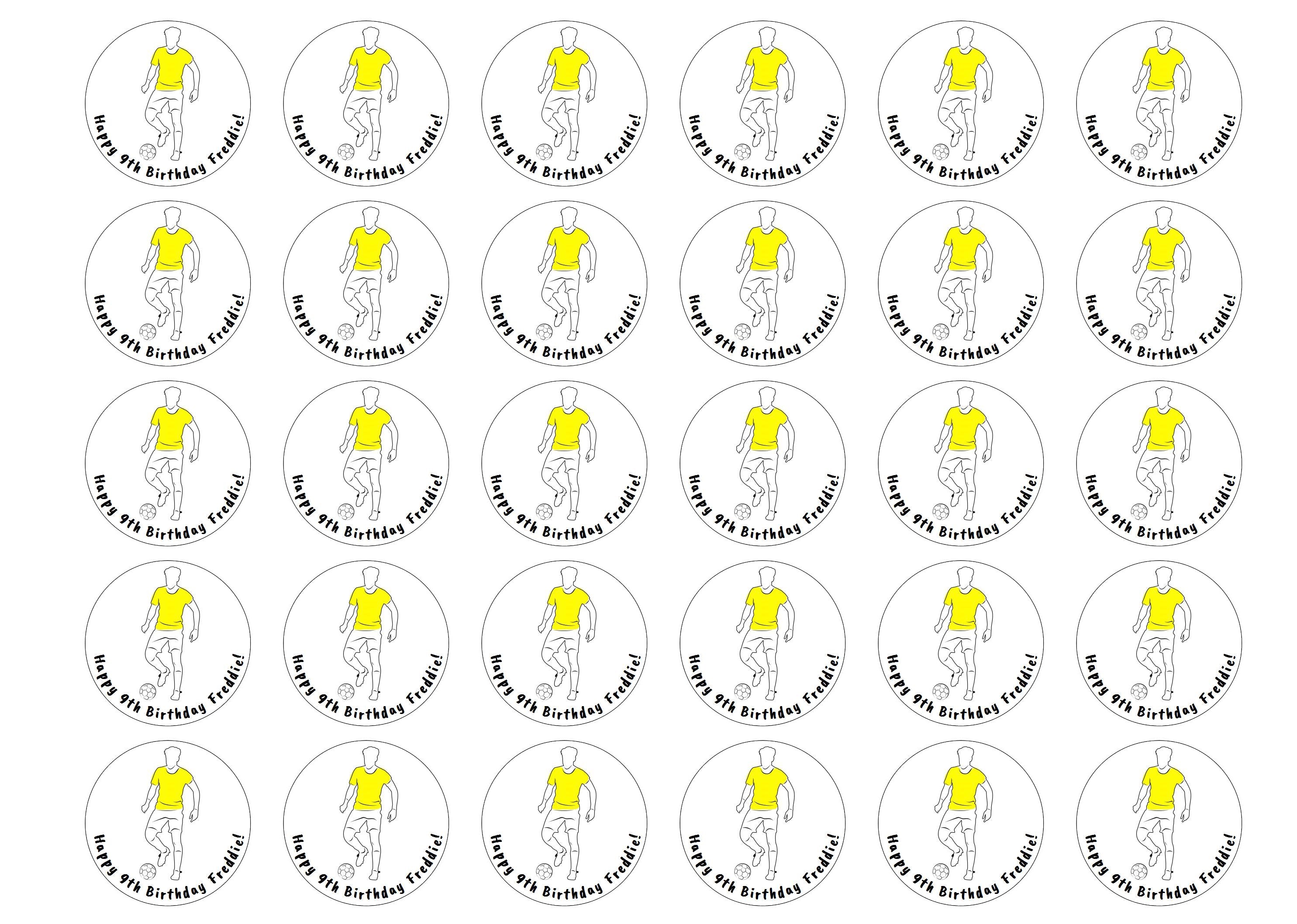 30 printed cupcake or pie toppers personalised with a birthday message with a football theme