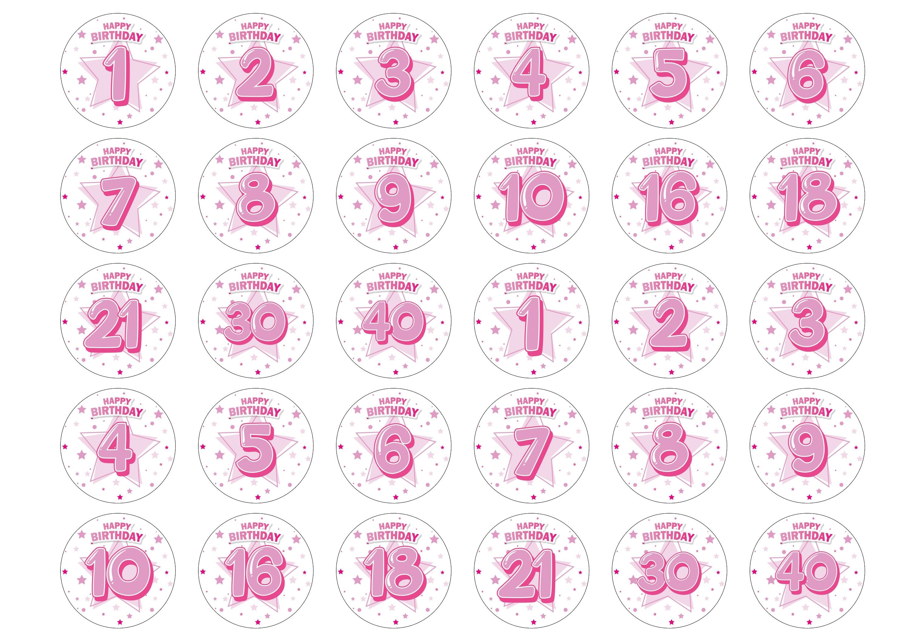 Pink birthday printed cupcake toppers personalised with an age