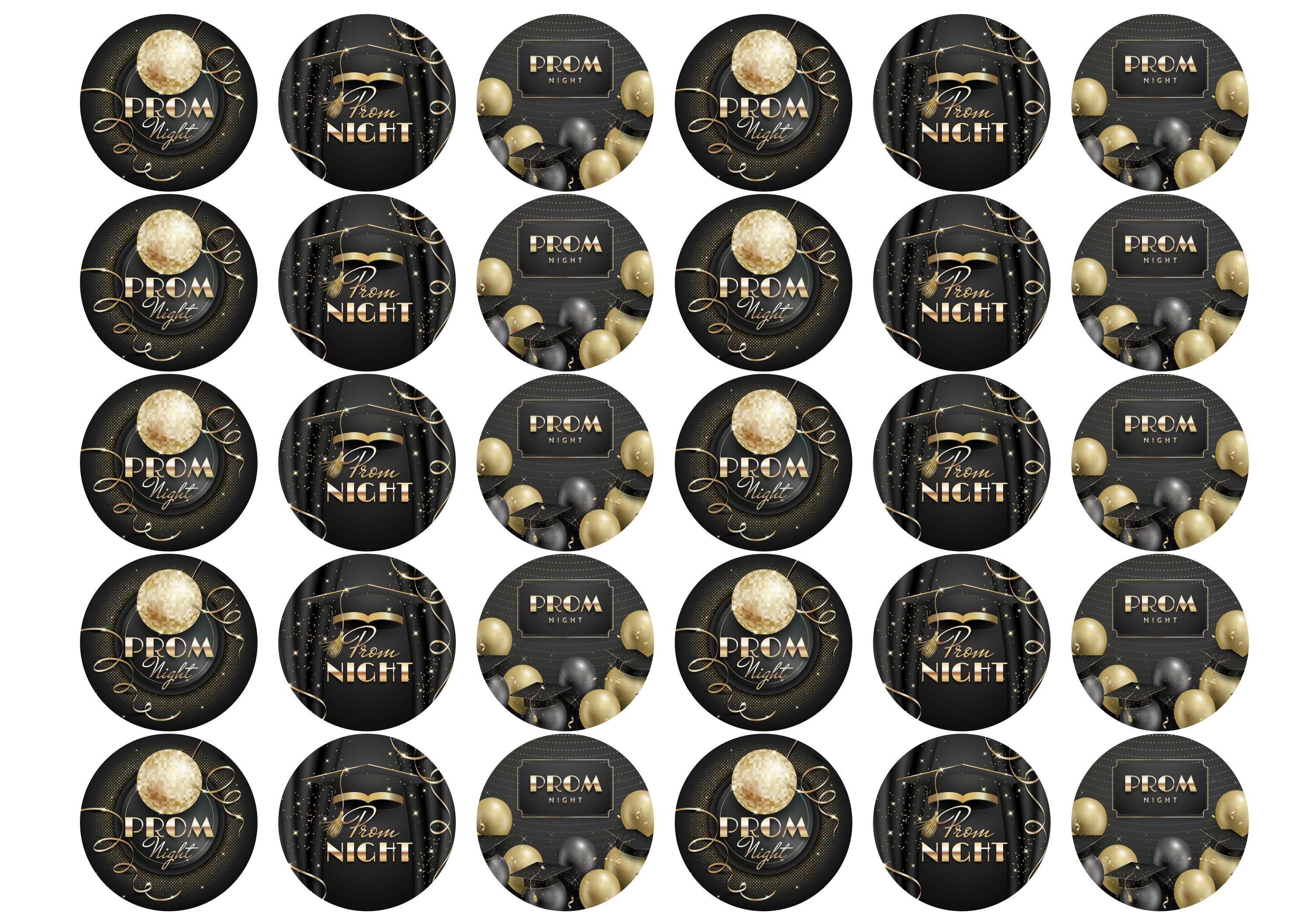 30 printed toppers with a black and gold design for Prom