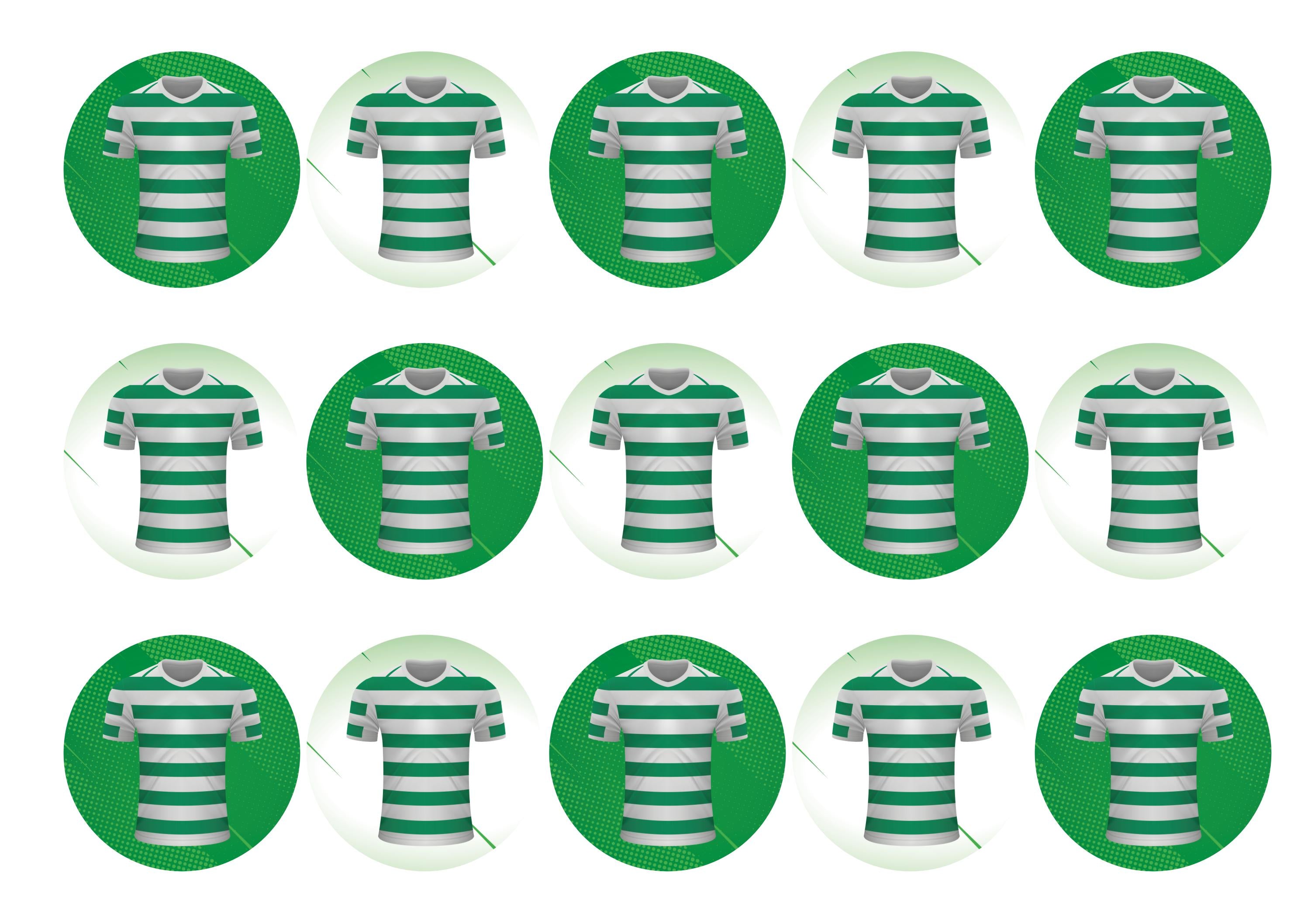 15 printed Celtic FC cupcake toppers with images of football shirts