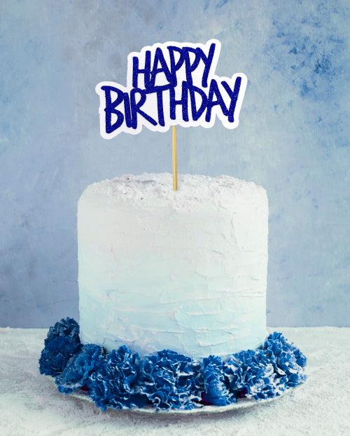 Blue and white happy birthday cake topper