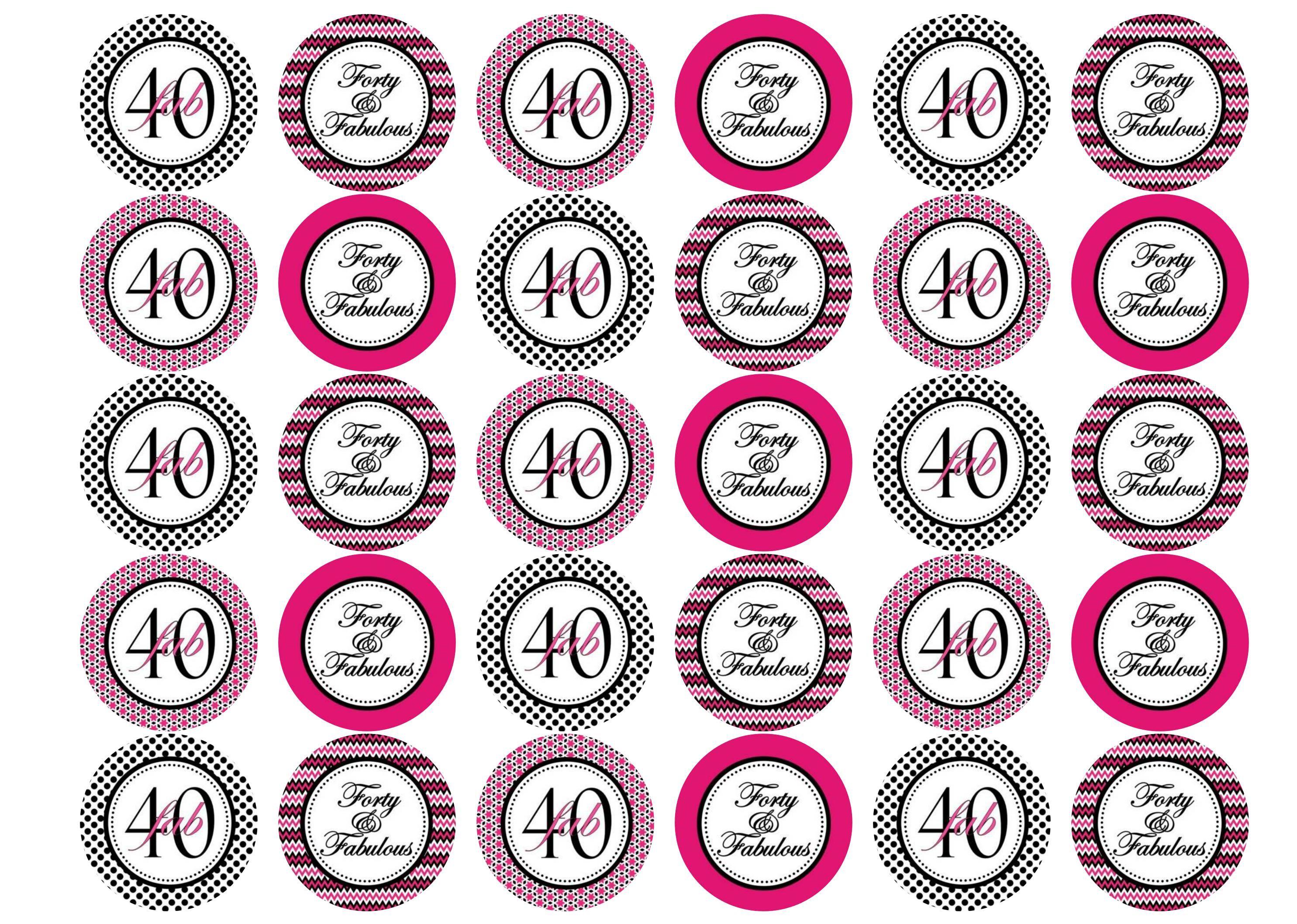 30 printed pink and black cupcake toppers for a fortieth birthday