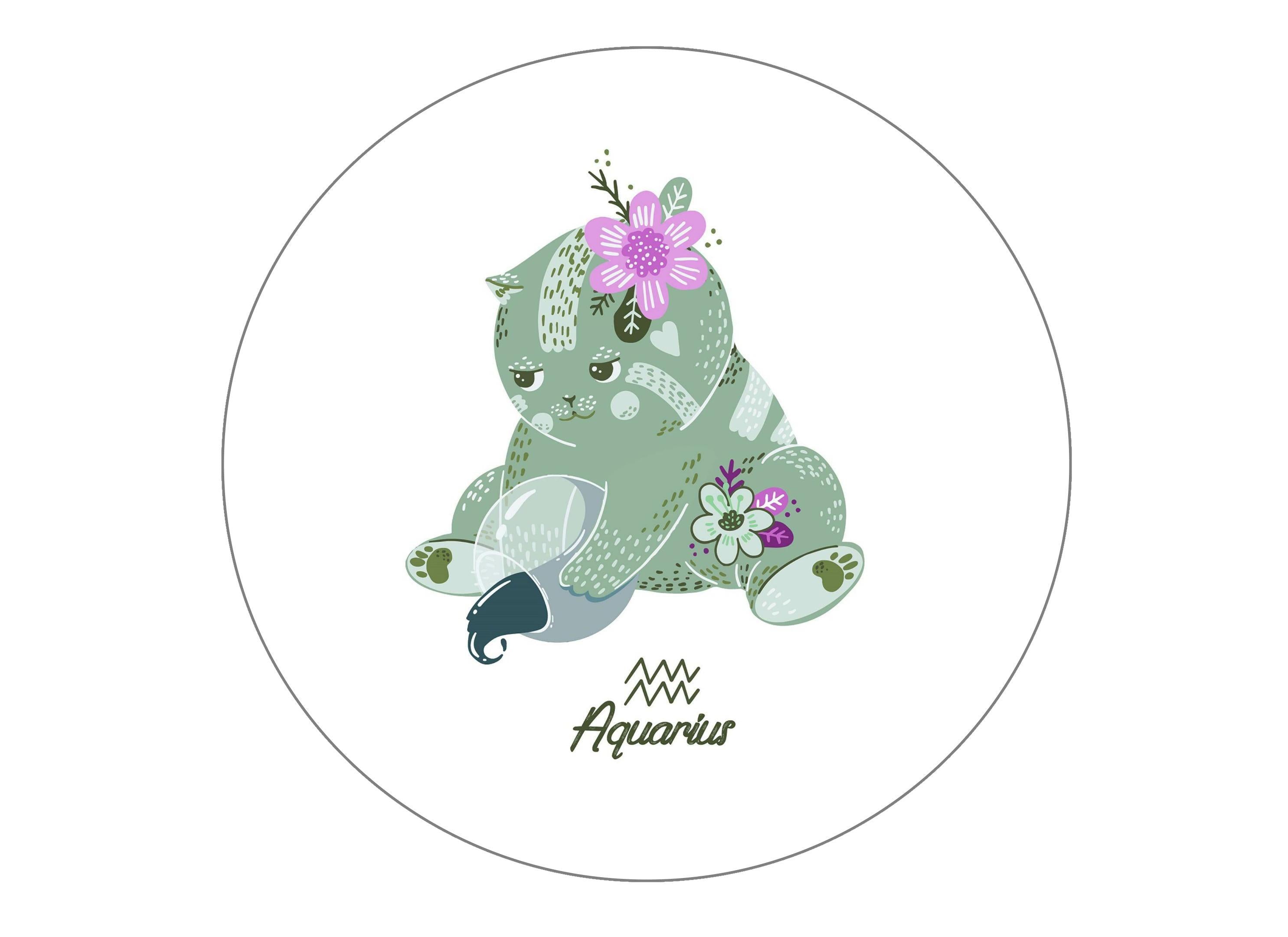 Large round 7.5" cake topper with cute cats symbolising Aquarius the Water Bearer Star Sign