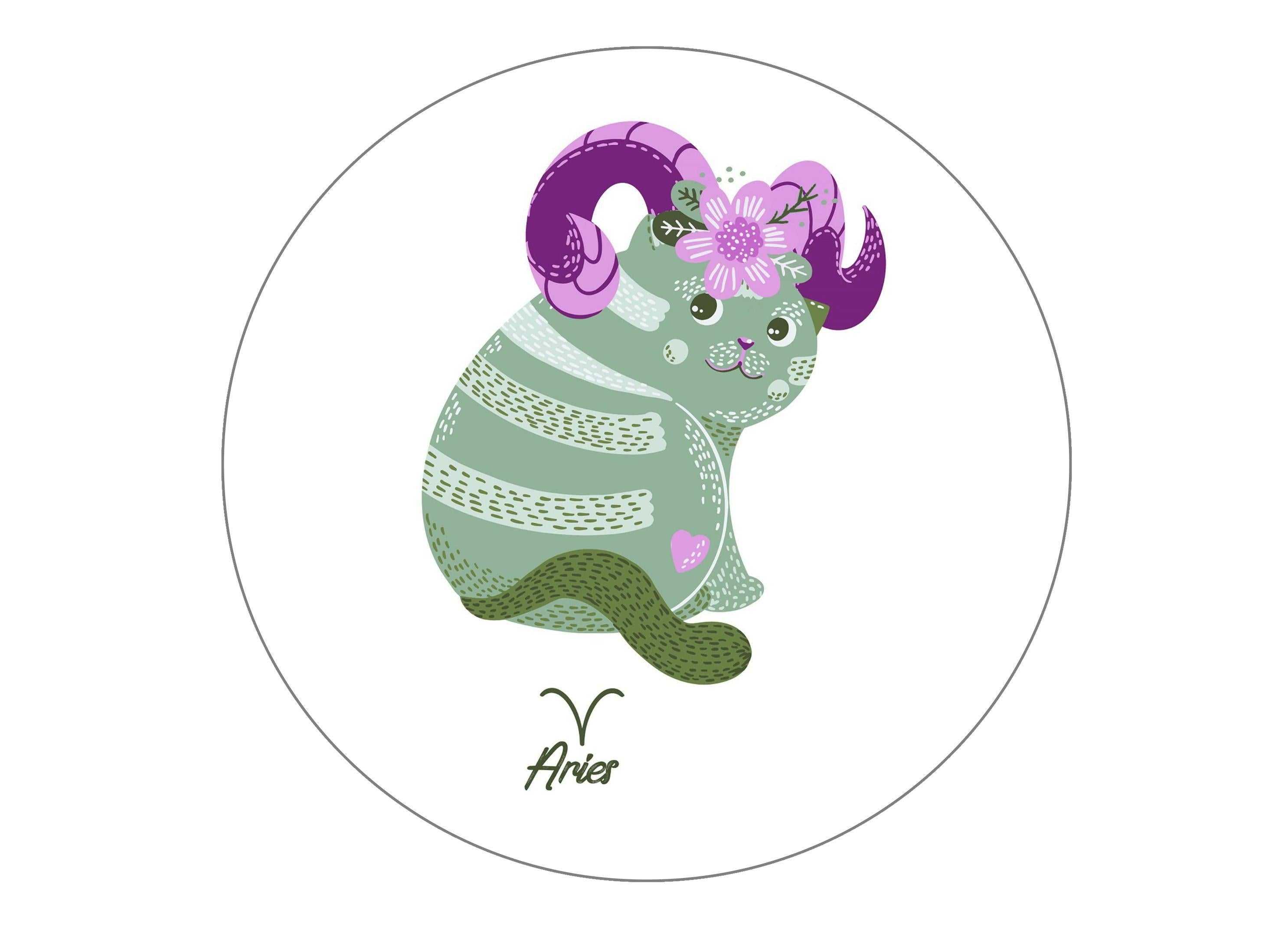 Large round cake topper for the starsign Aries with a cat design