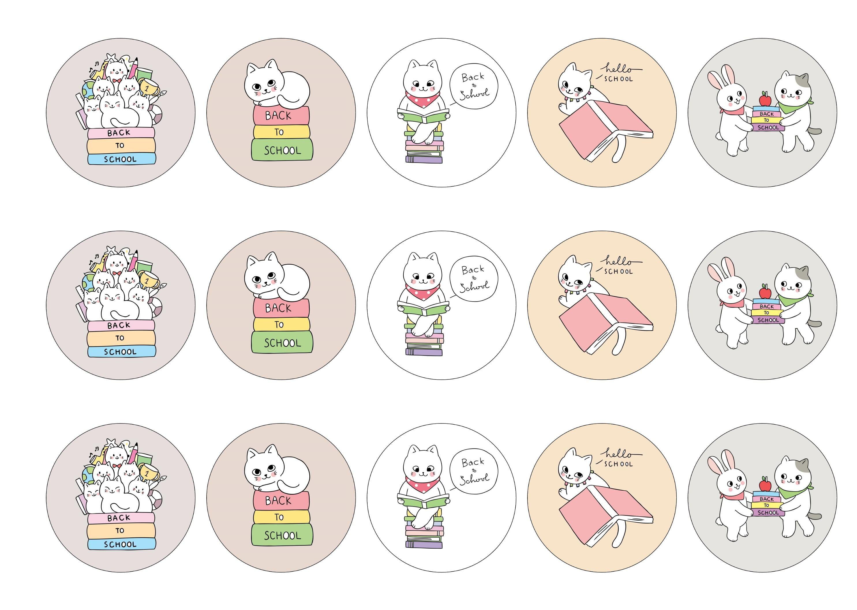 15 printed cupcake toppers with back to school cat illustrations