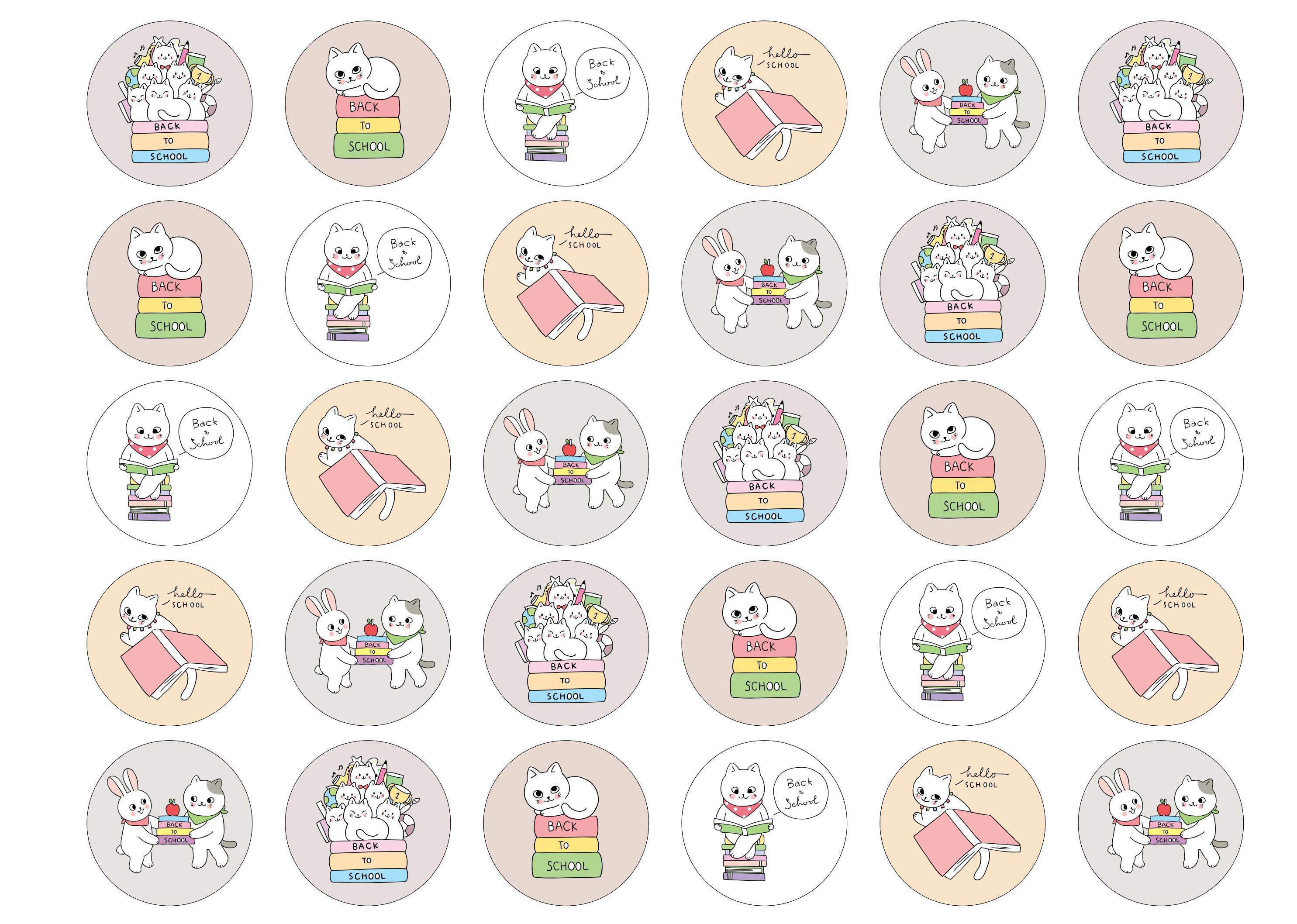 30 edible cupcake toppers with back to school cat images