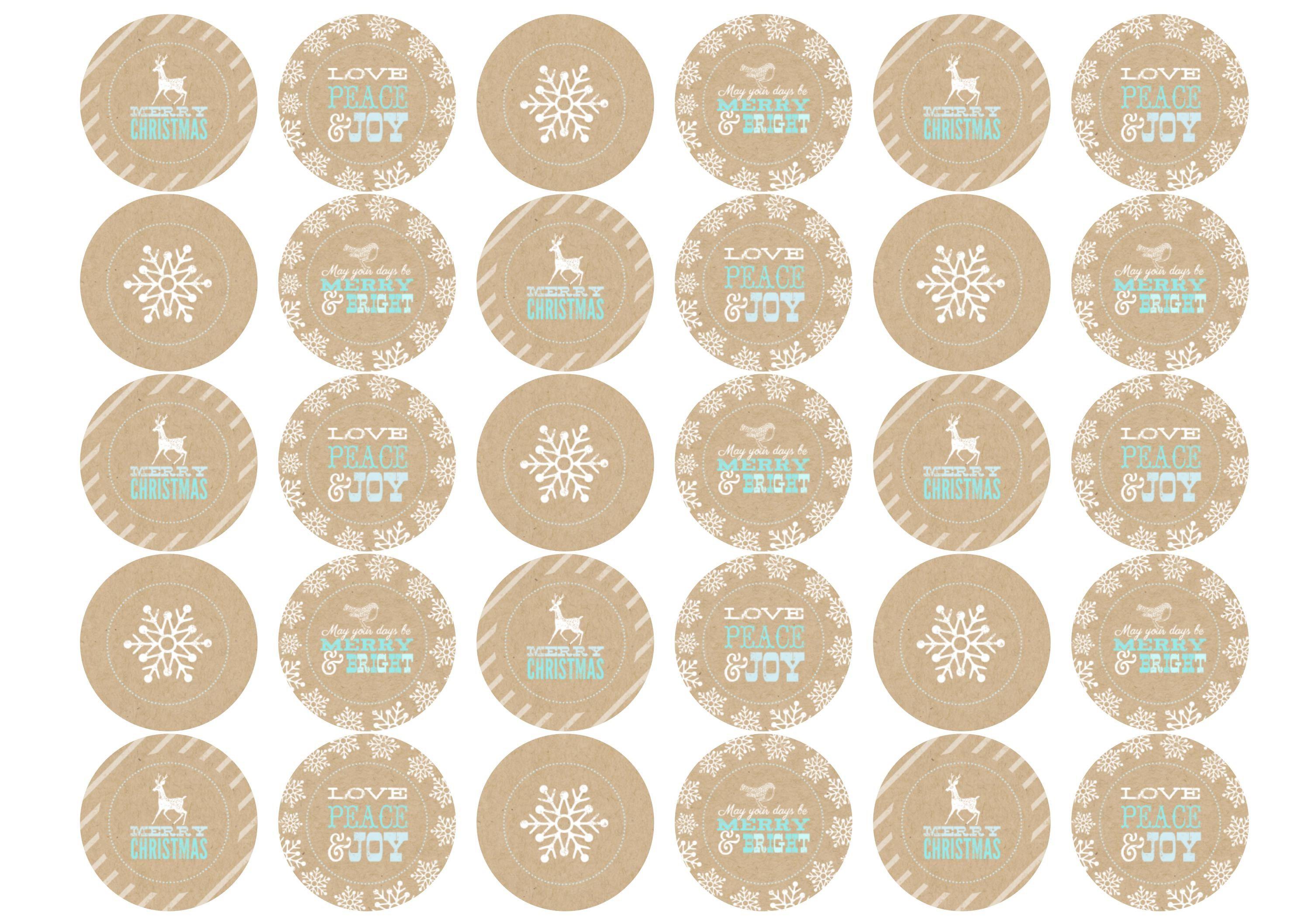 Printed cupcake toppers featuring Christmas designs in beige, white and blue
