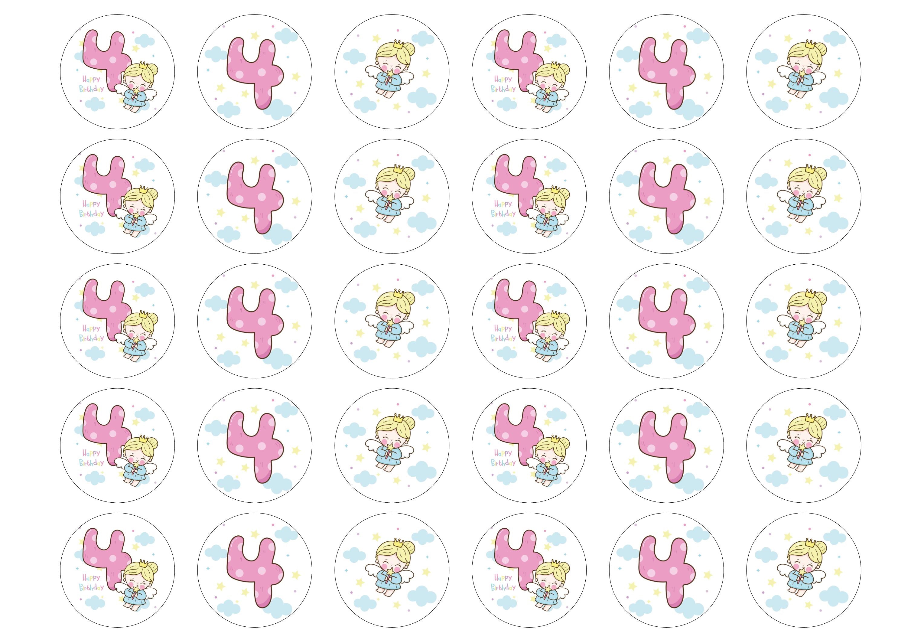 30 printed cupcake toppers with an angel design for a 4th birthday