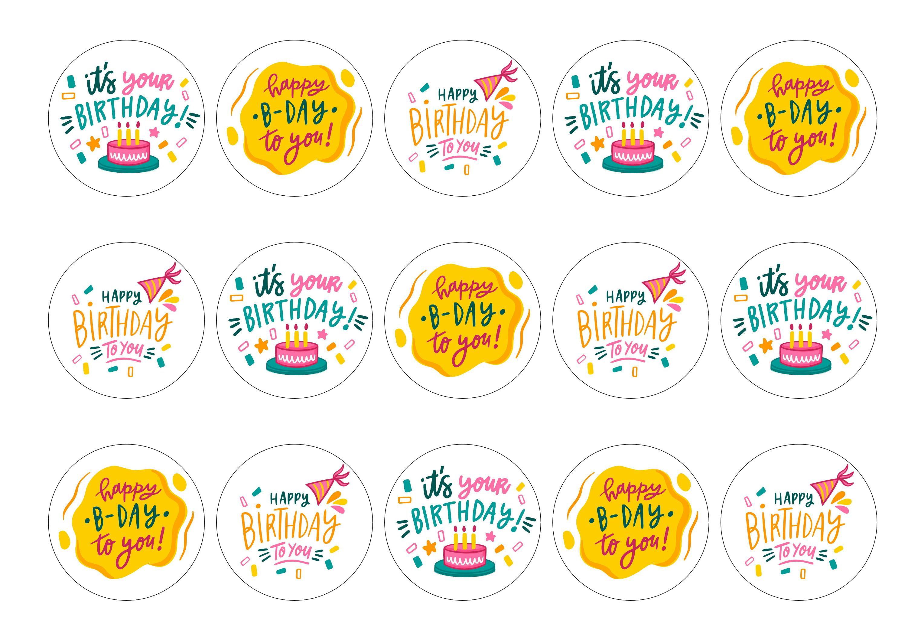 15 printed cupcake toppers with mixed birthday Greetings