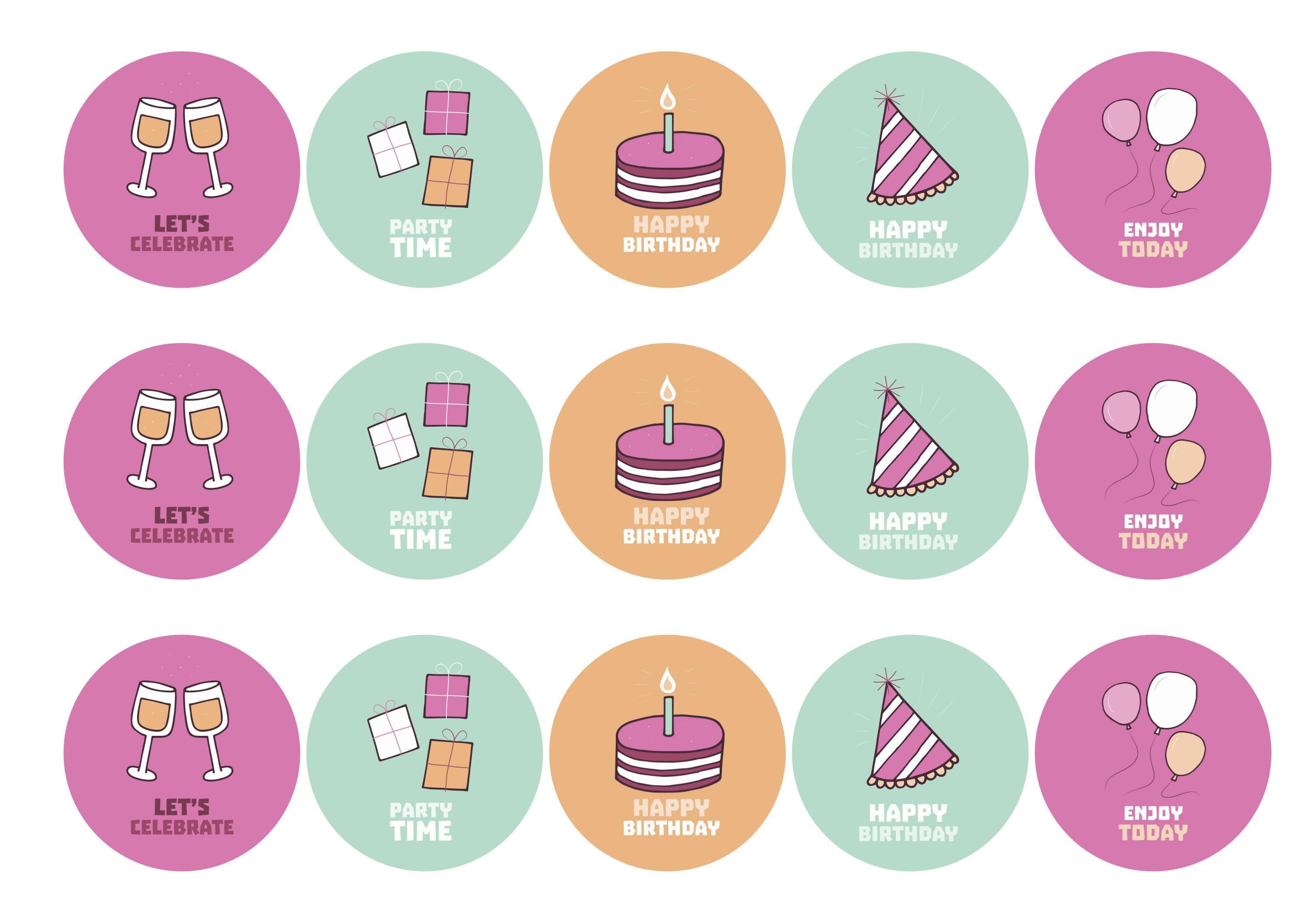 15 printed birthday cupcake toppers with party images