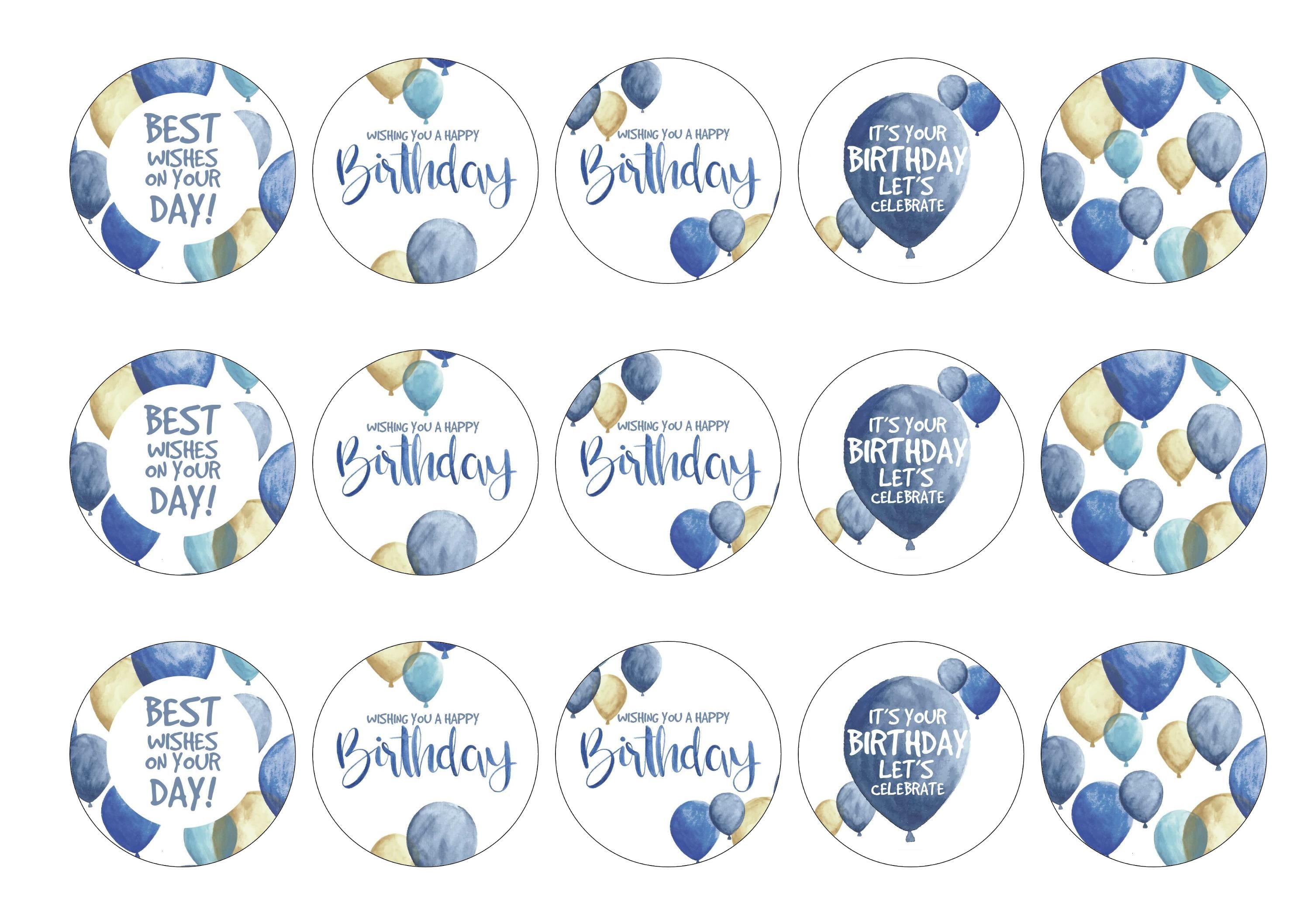 15 printed cupcake toppers with a blue balloon birthday design