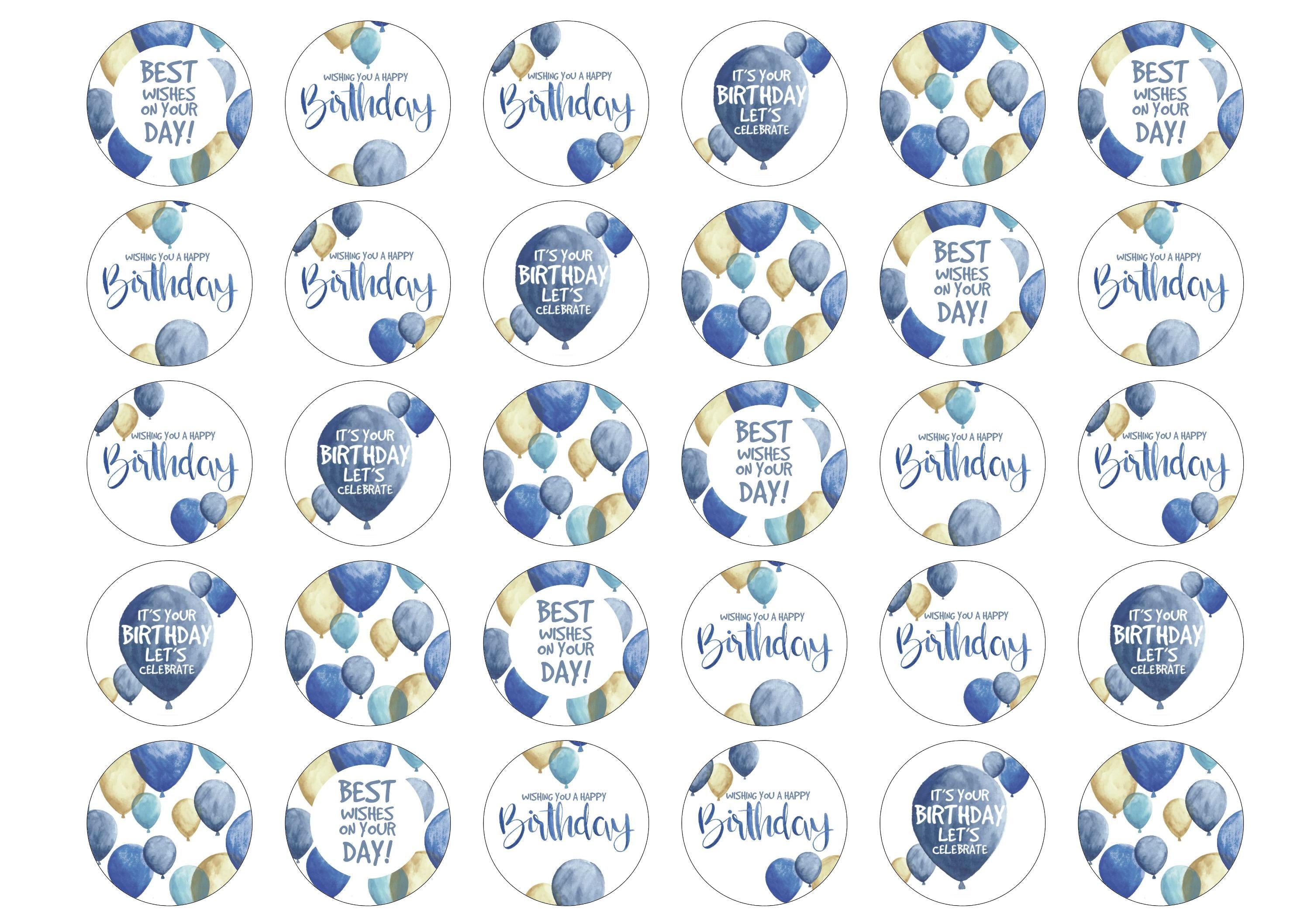 30 edible cupcake toppers with a blue balloon birthday design