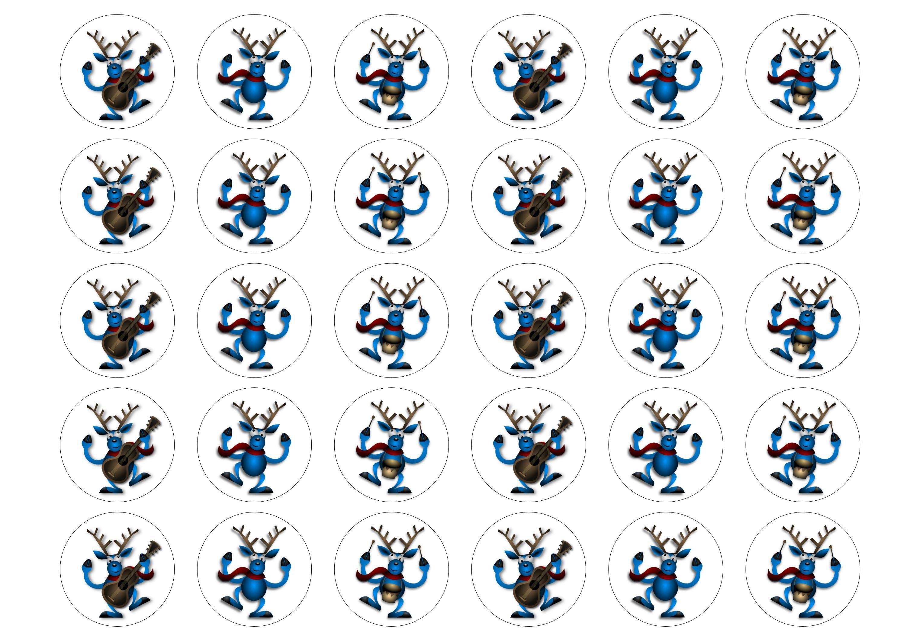 Edible cake toppers with blue musical reindeer images
