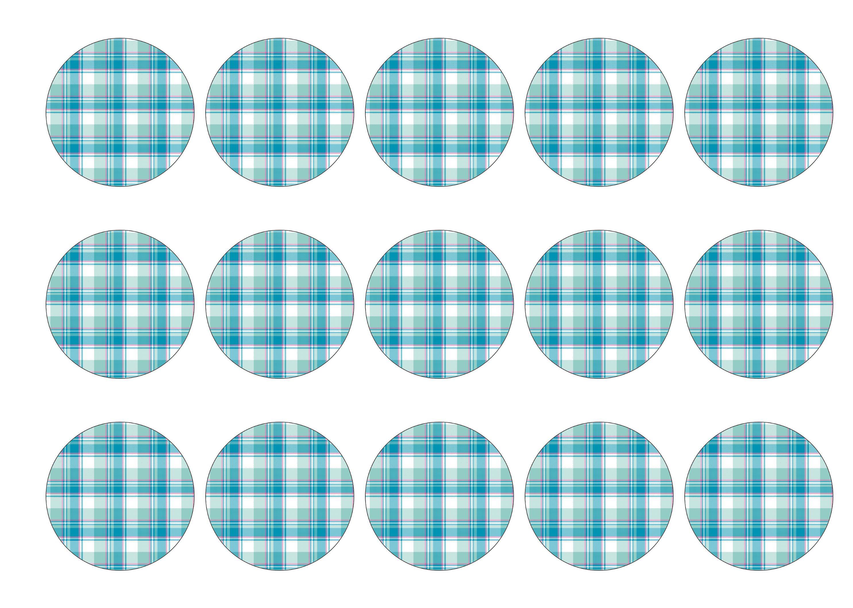 15 printed cupcake toppers with a turquoise tartan design