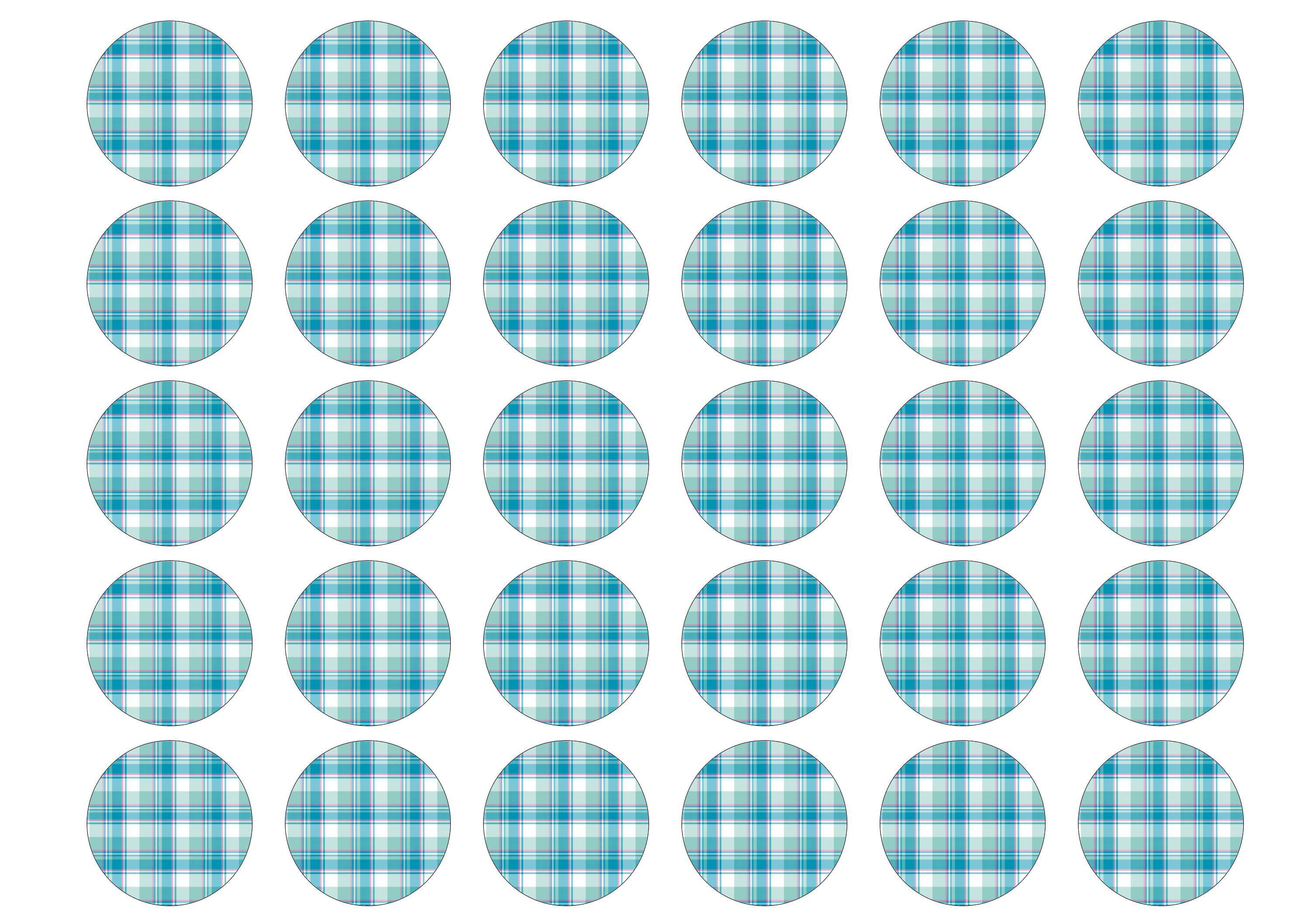 30 edible cupcake toppers with a turquoise tartan design