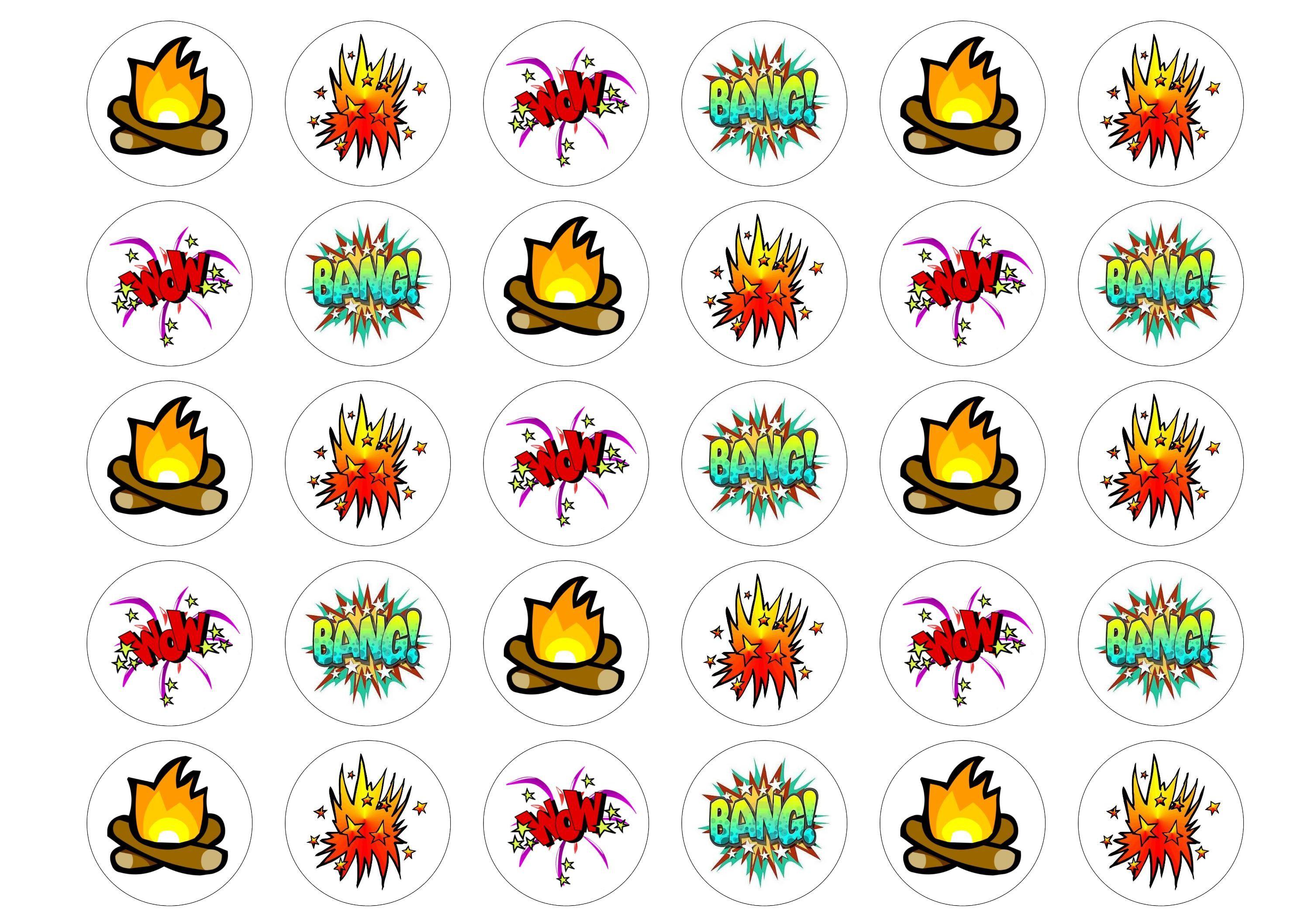 Printed edible cupcake toppers with bonfire night cartoon images