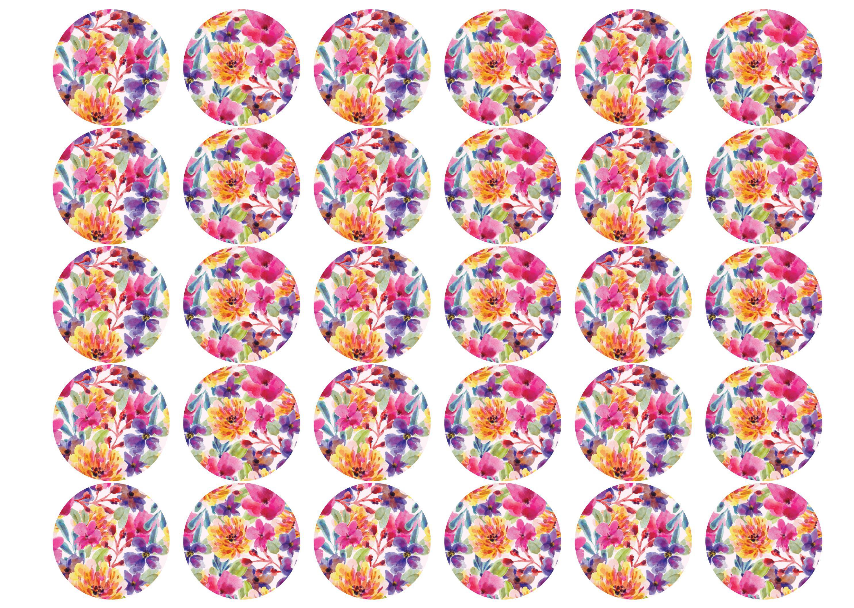 30 edible toppers in a bright floral design