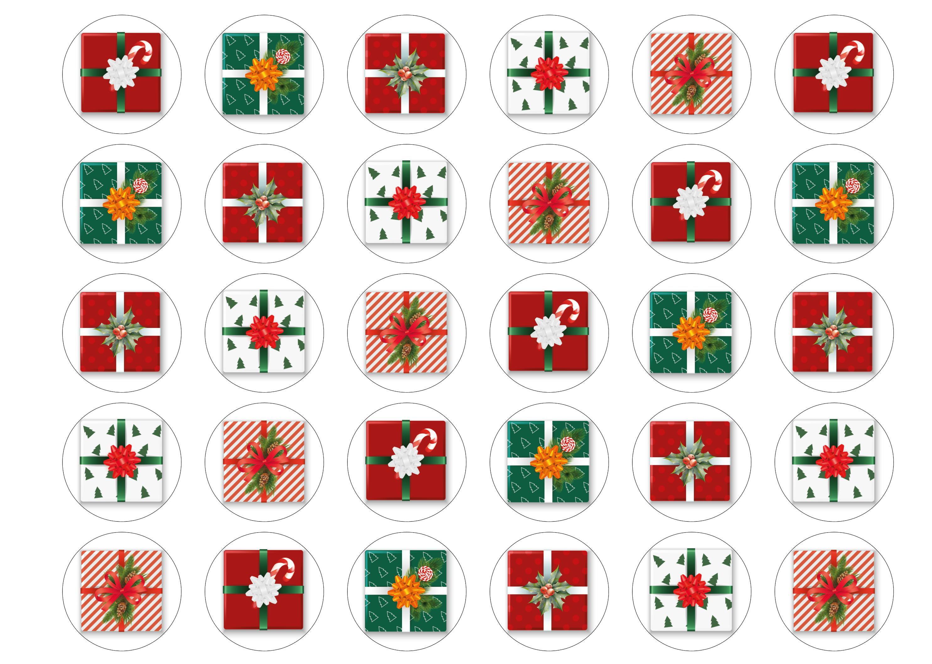 30 edible cupcake toppers with images of Christmas Gift Boxes