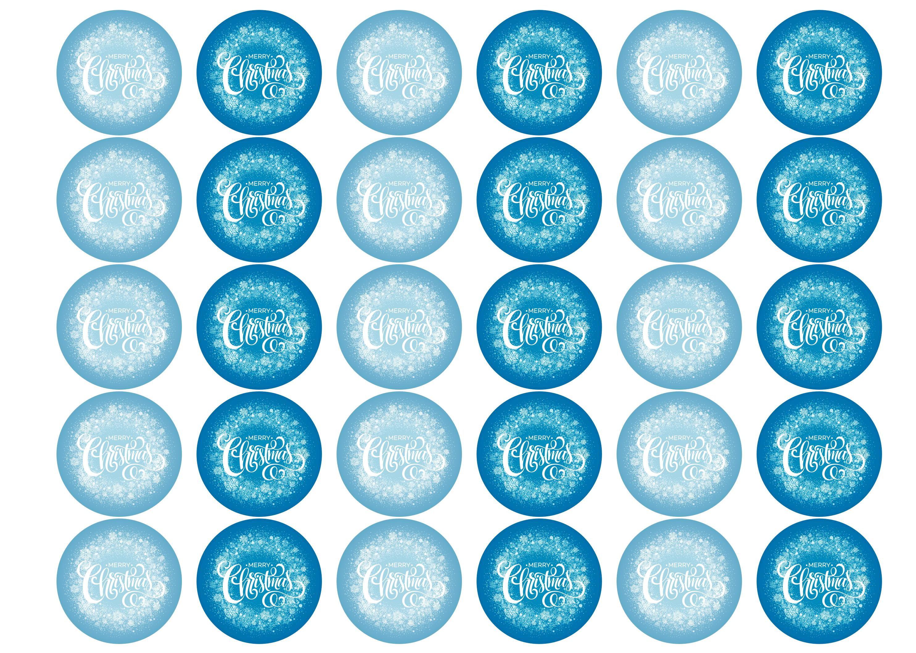 30 edible cupcake toppers with Merry Christmas message on a blue snowflake background