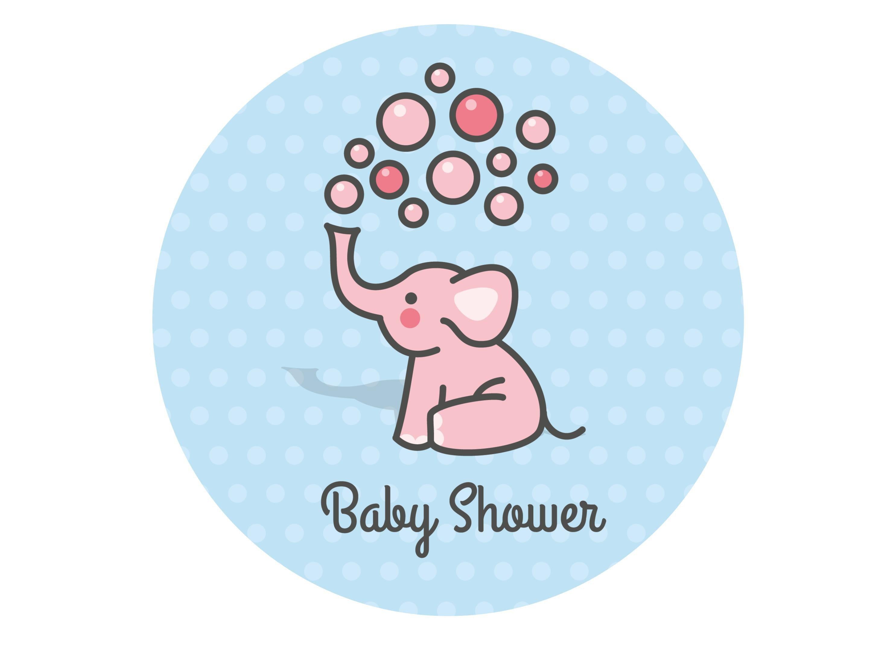 Large round cake topper with cute baby elephants for a baby shower