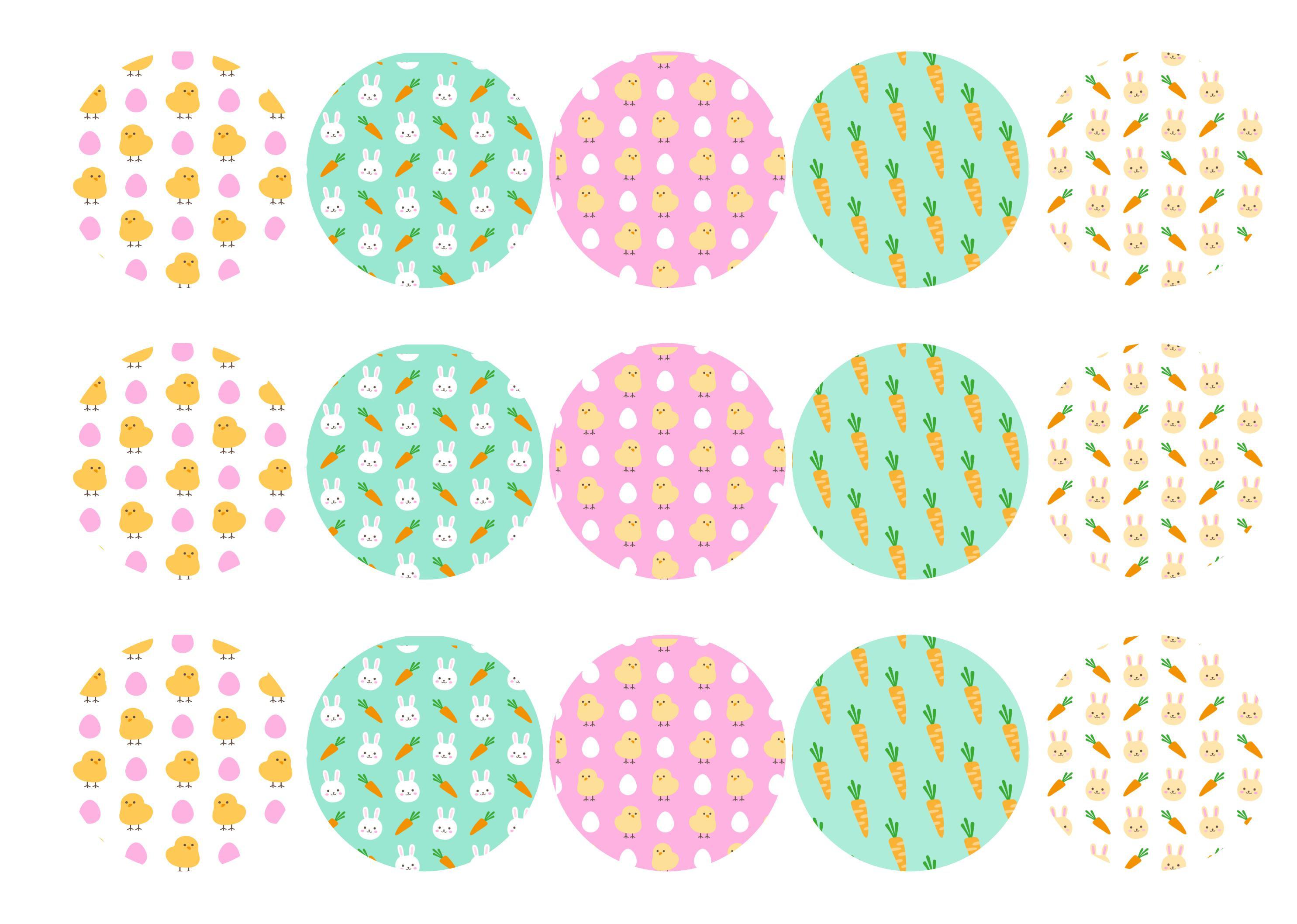 15 printed toppers with cute Easter images of chicks and bunnies