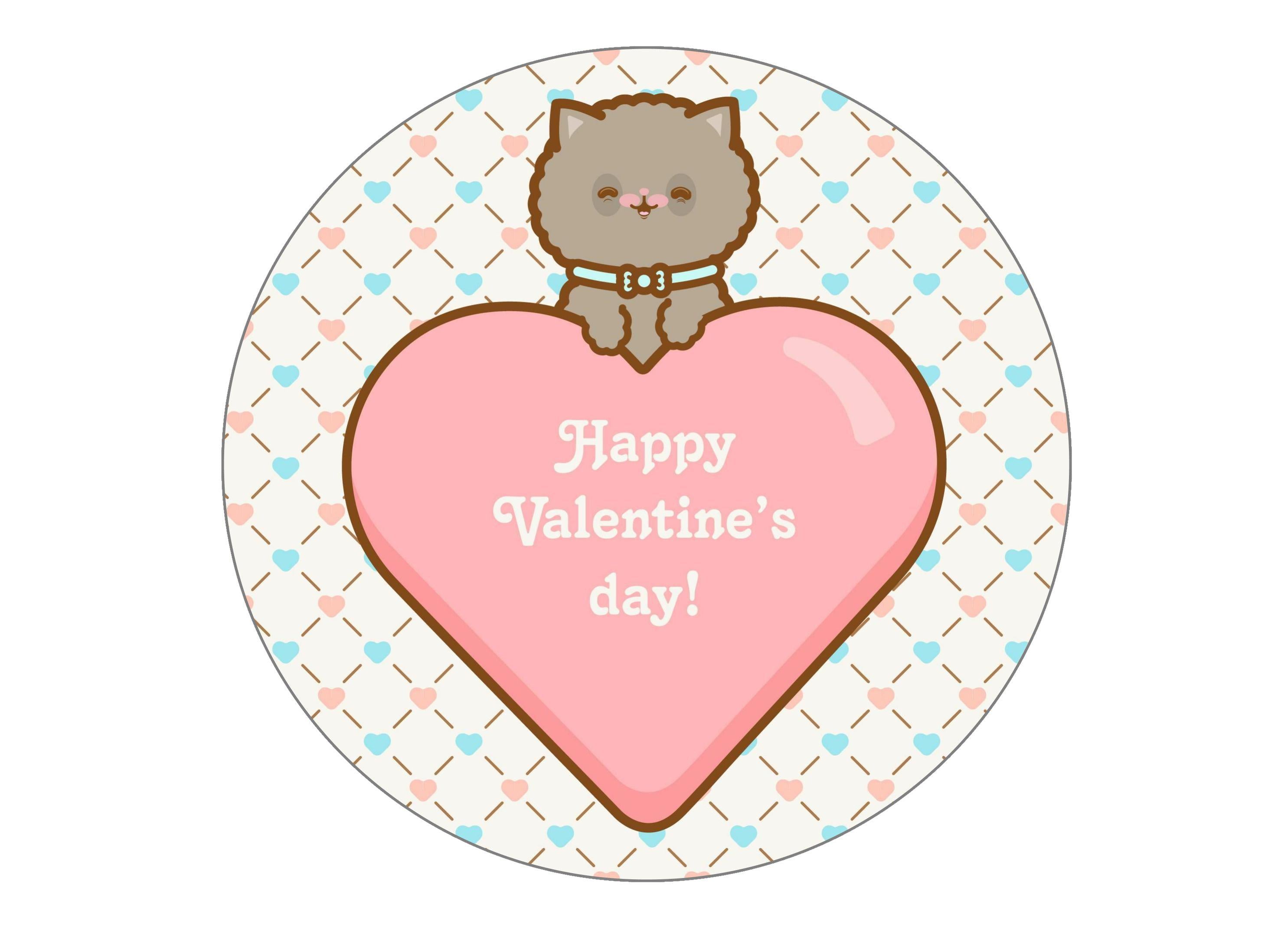 large cake topper with a cute cat valentine's edible print