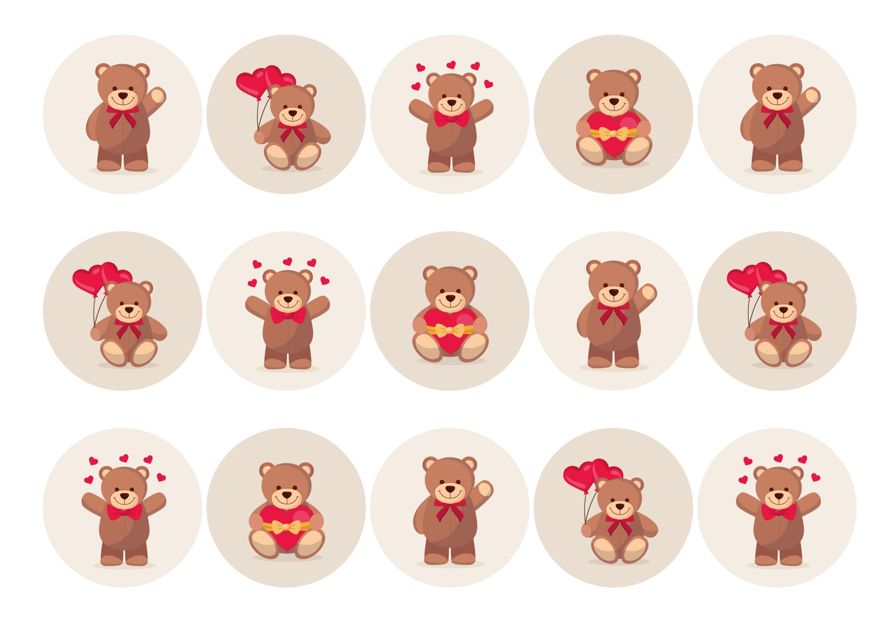 15 toppers printed with teddy bear designs for valentines day