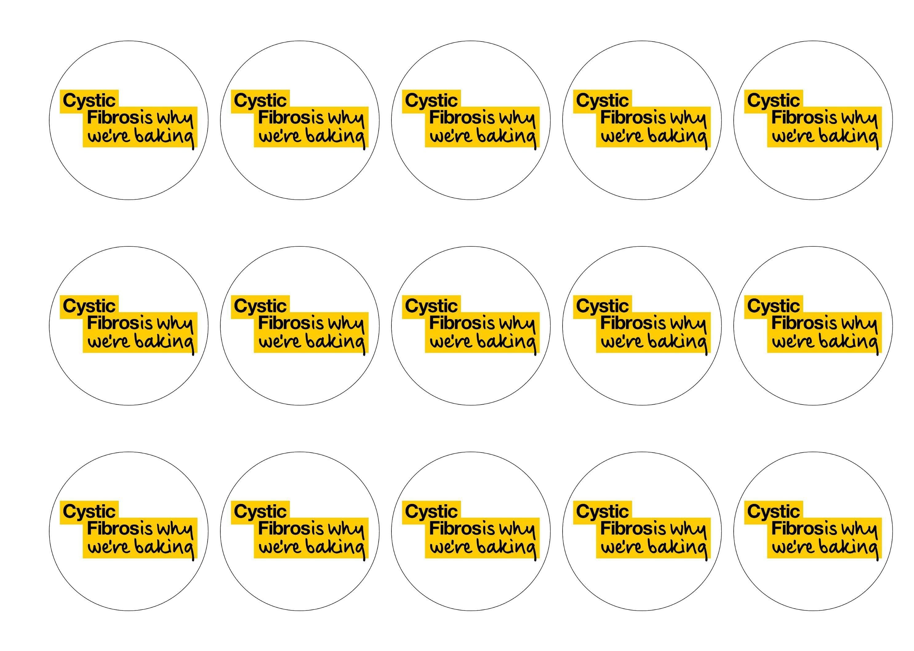 15 printed edible charity cake toppers with the Cystic Fibrosis Trust Why We're Baking logo