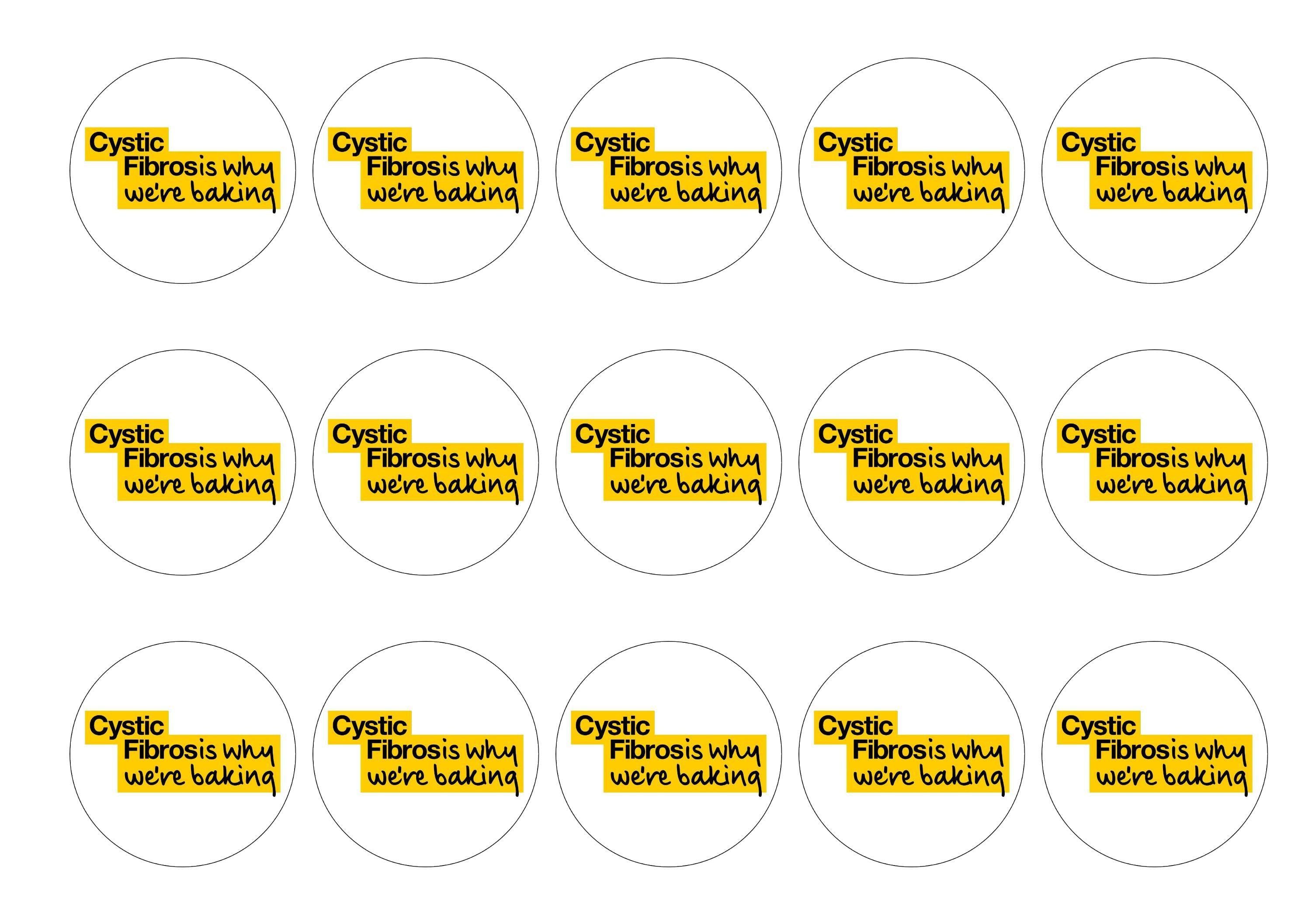 15 printed edible charity cake toppers with the Cystic Fibrosis Trust Why We're Baking logo