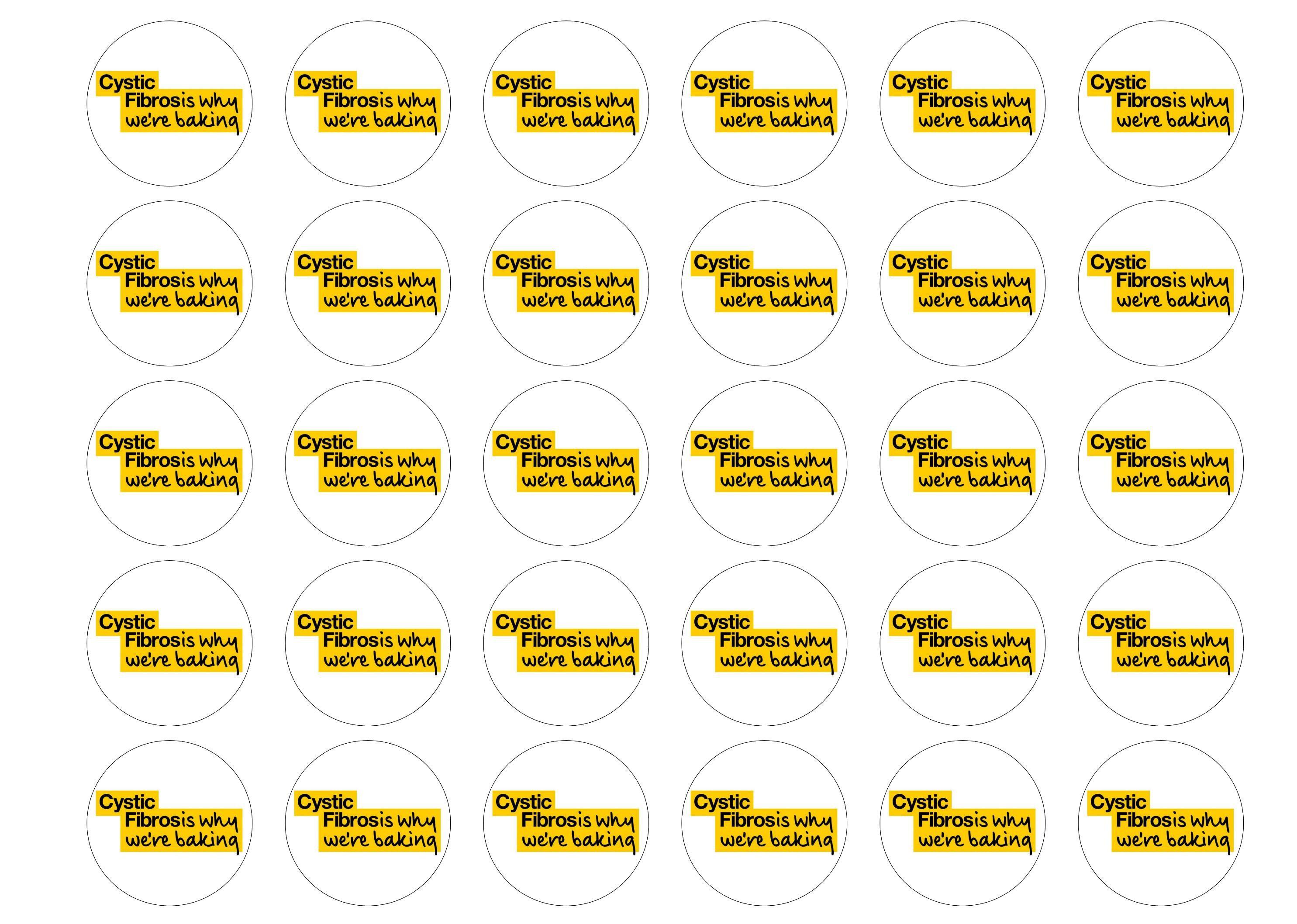 30 edible edible charity cake toppers with the Cystic Fibrosis Trust Why We're Baking logo