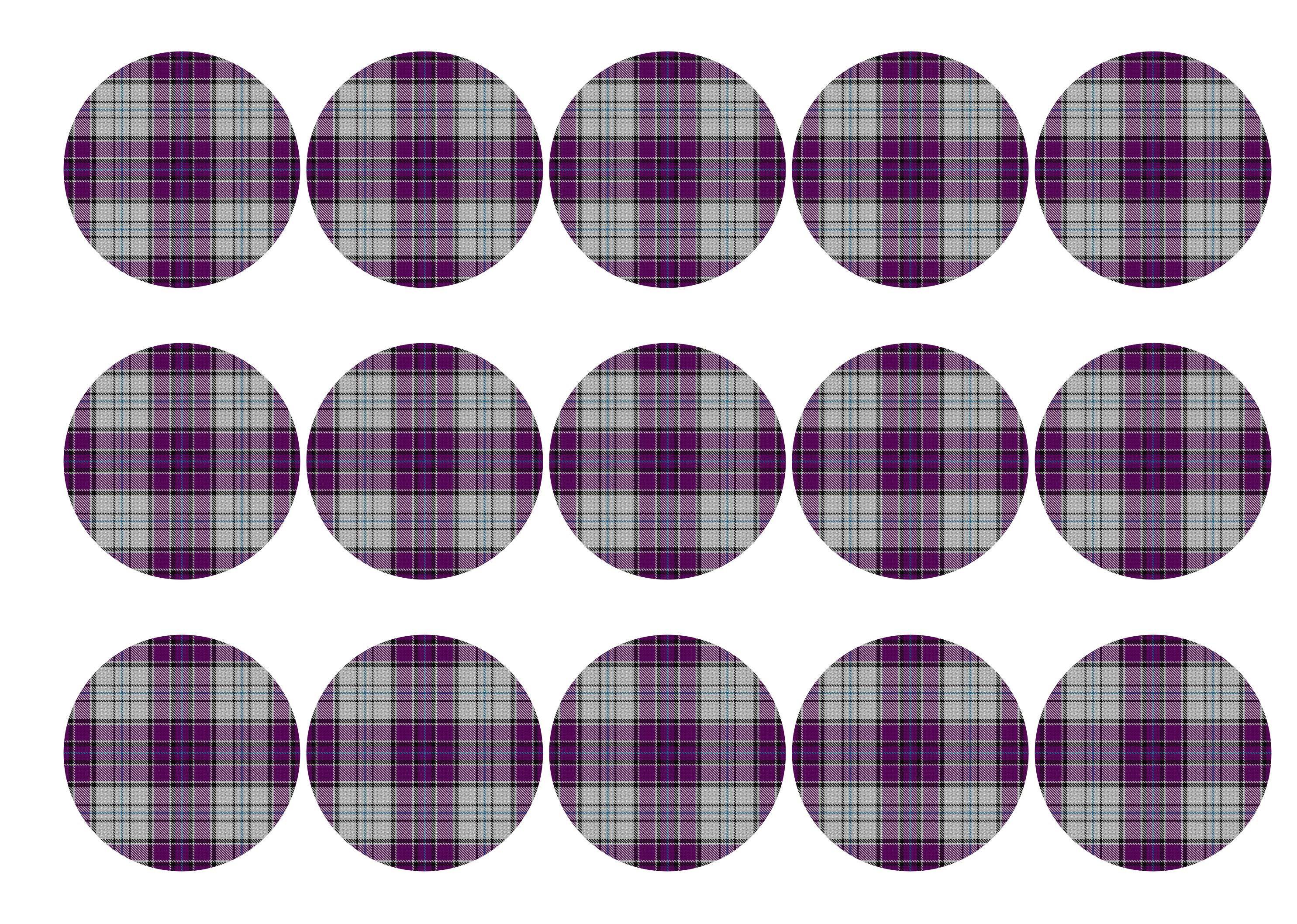 Printed edible cupcake toppers with dark purple tartan
