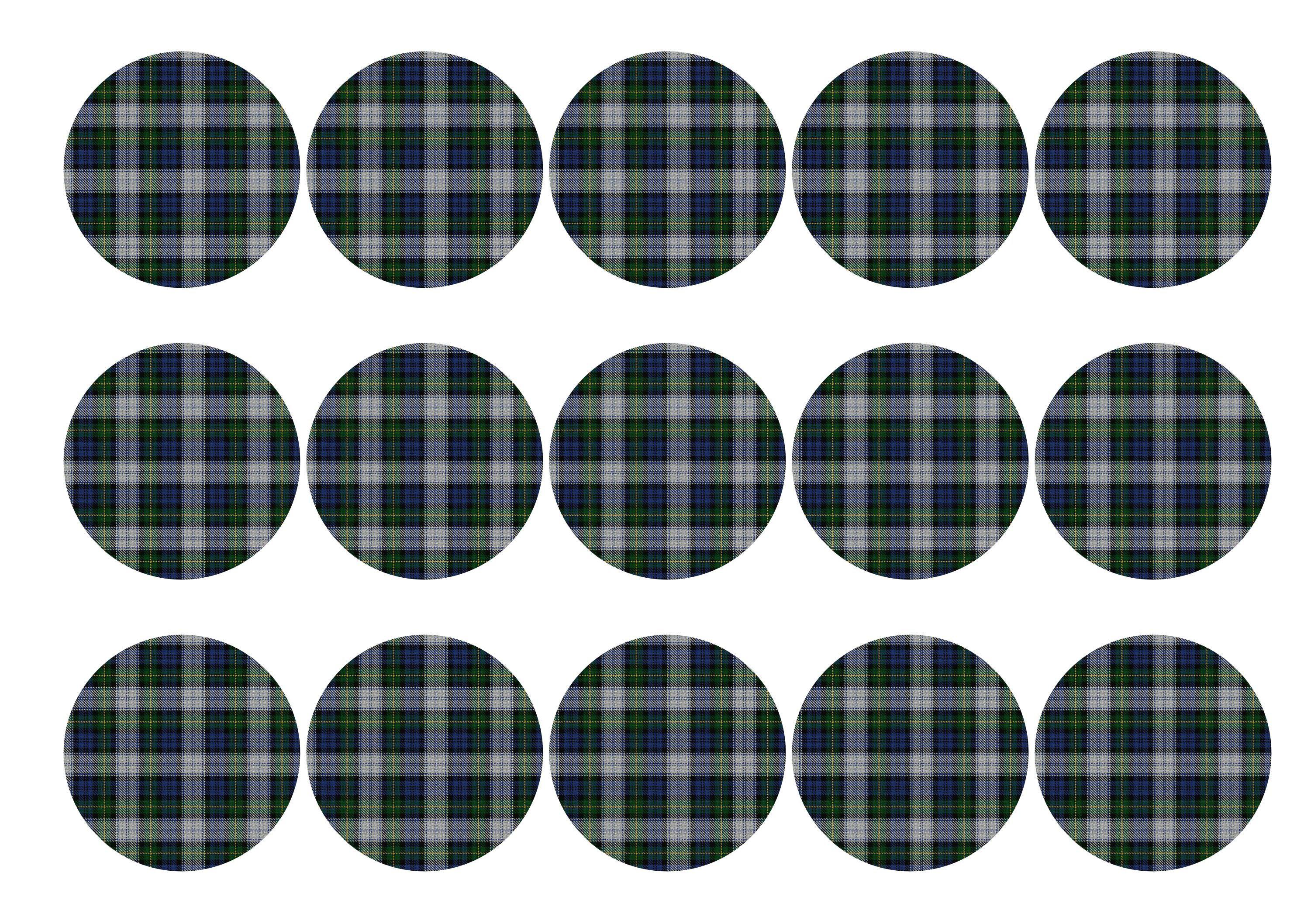 Printed edible cupcake toppers with dress Gordon tartan