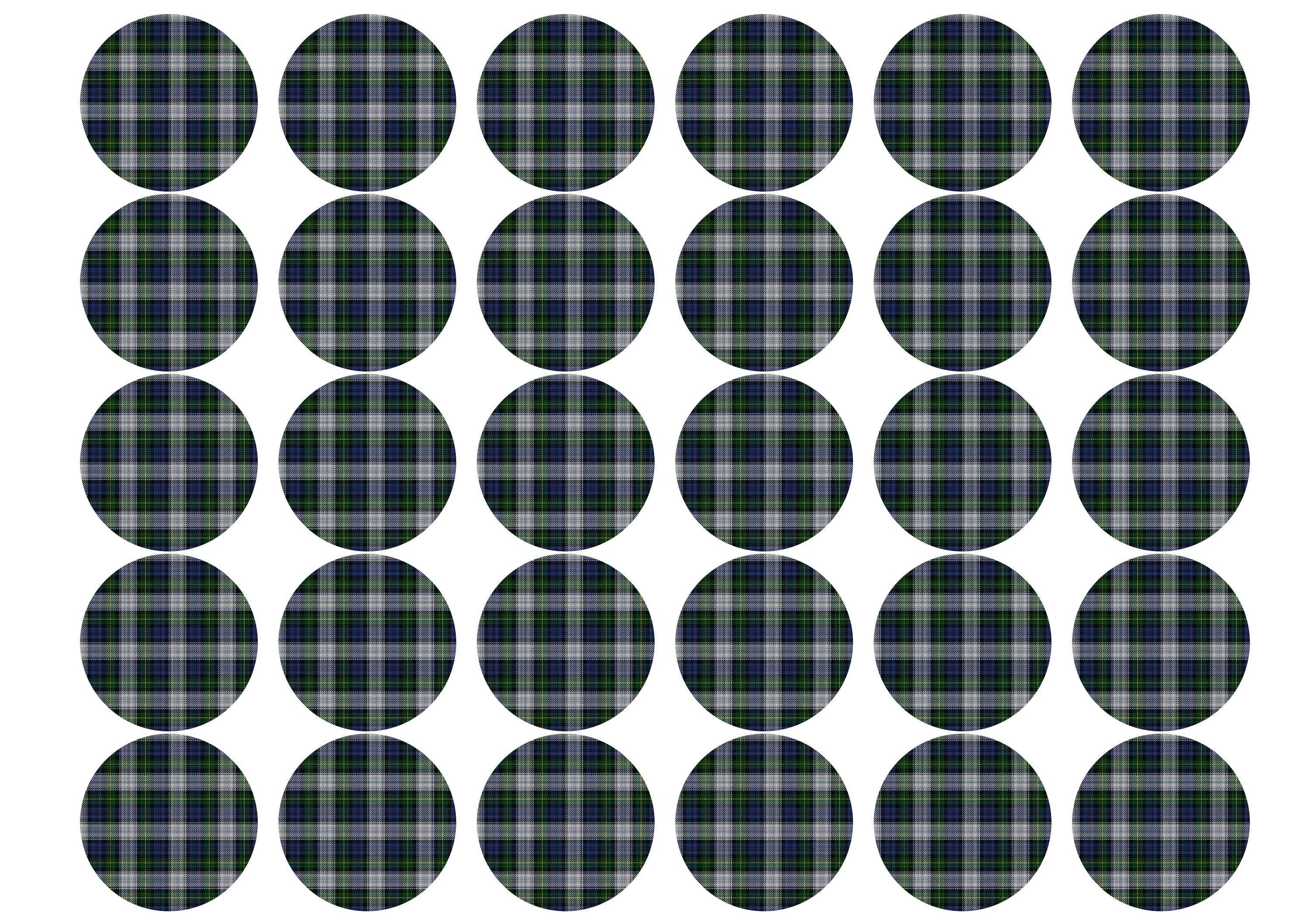 Printed edible cupcake toppers with dress Gordon tartan