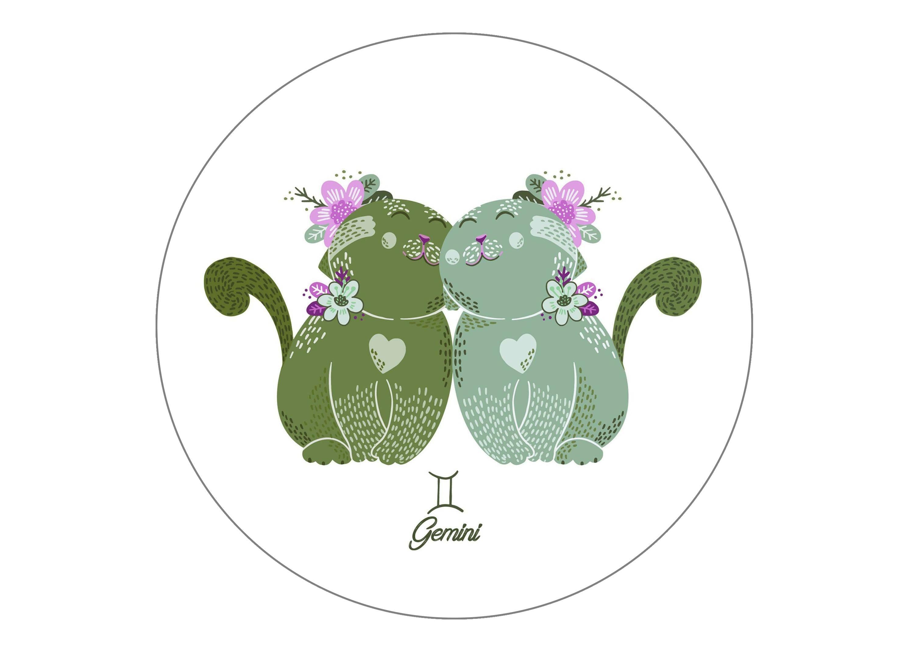 Round 190mm cake topper with cut cats symbolising Gemini the Twins Star Sign
