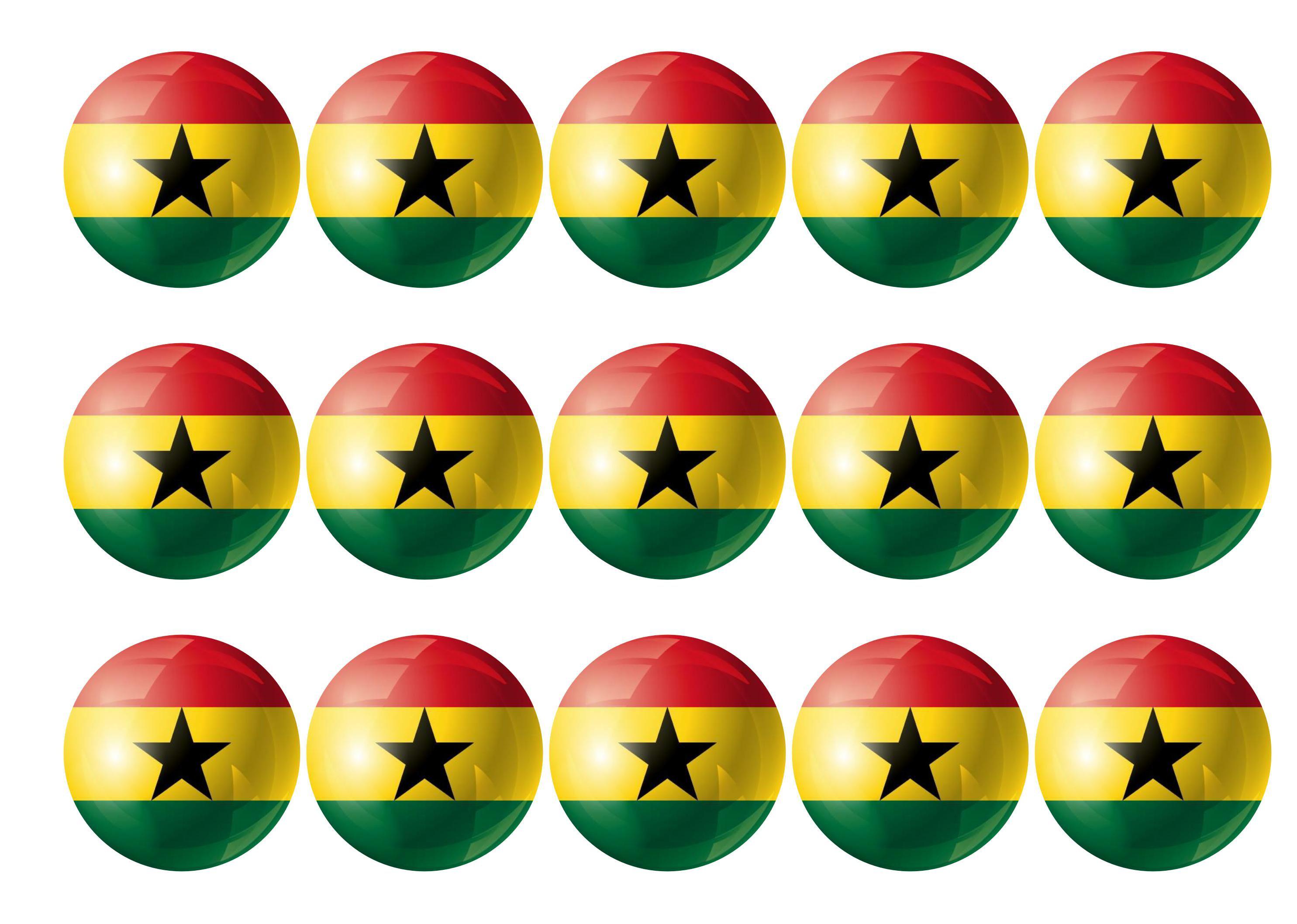 15 printed cupcake toppers with the flag of Ghana